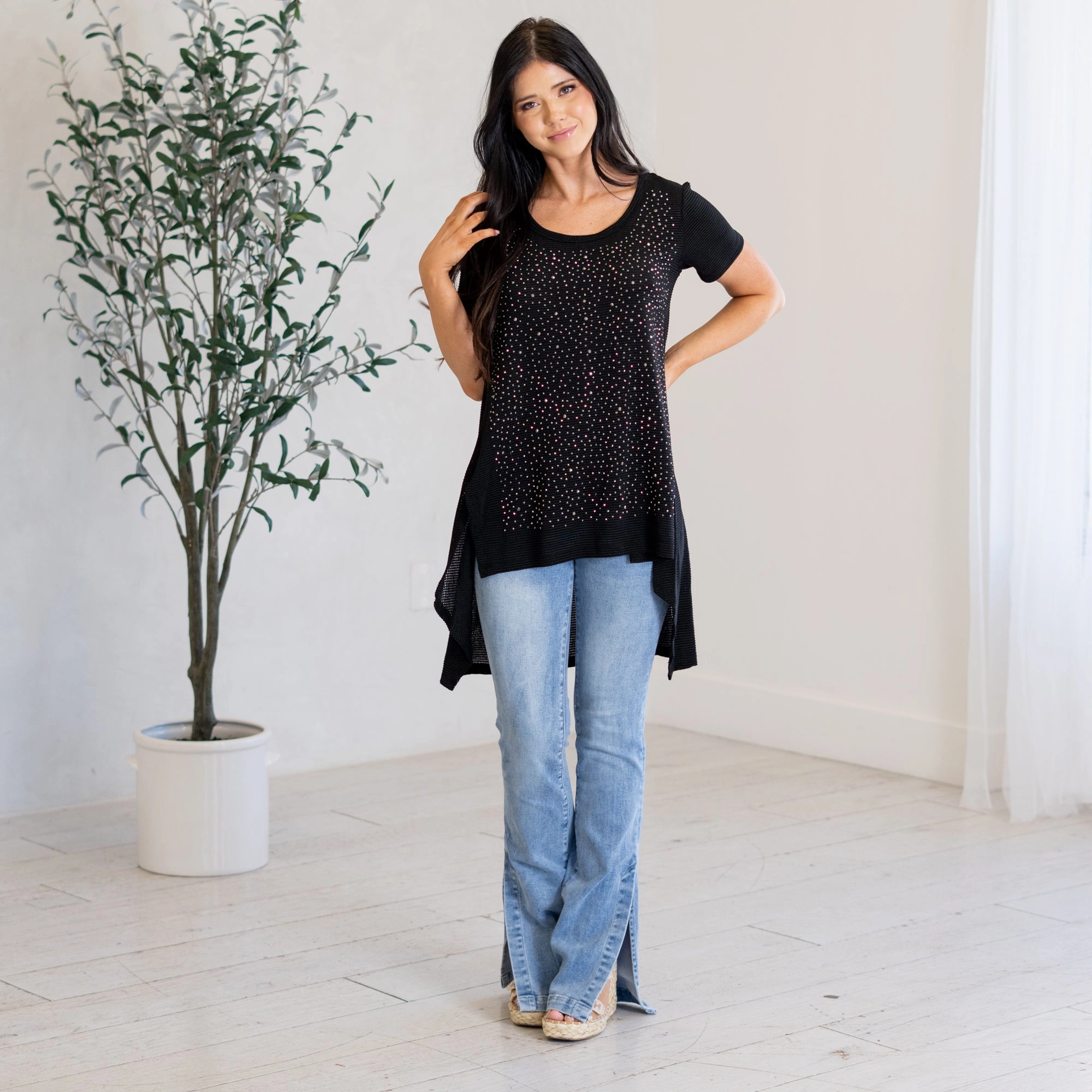 Ergonomic Back Panel Bold Statement Sparkle Stone Hi Lo Hem Top