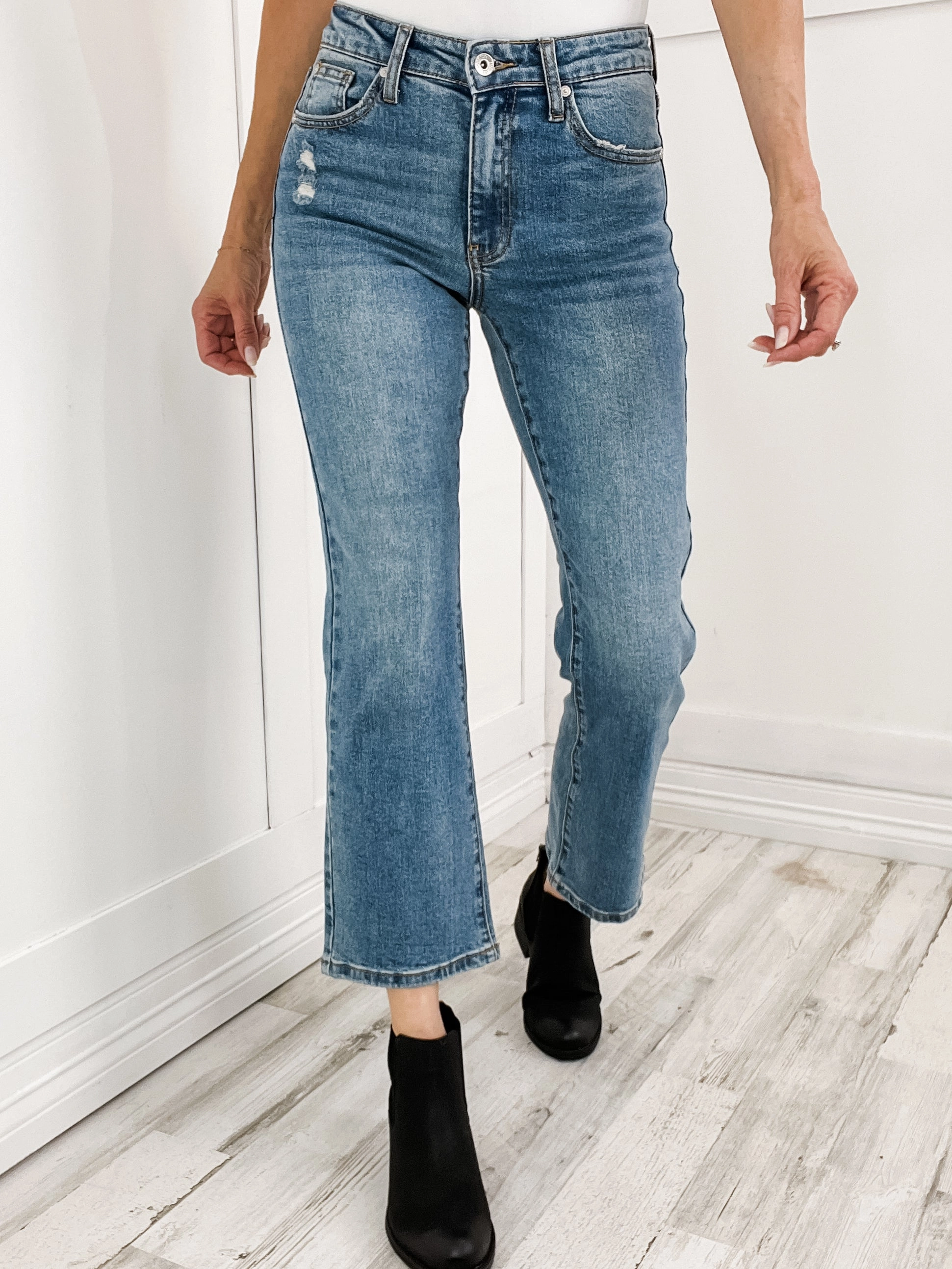 Special A "LILY" Mid-Rise Cropped Slim Bootcut Denim Jeans Outdoor Enthusiast Premium Home Comfort Plain Comfort