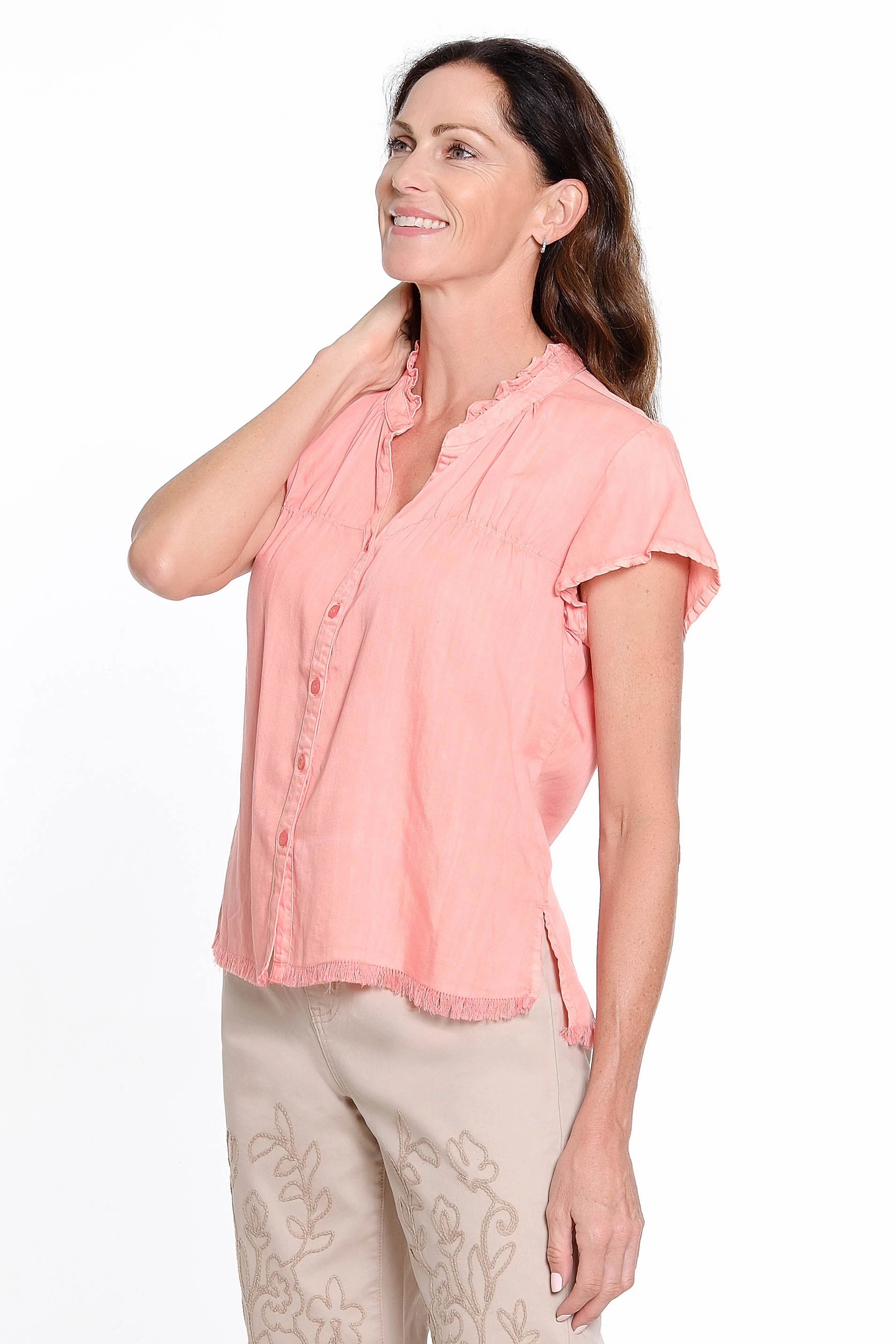Bound Seam Finish EcoCertified Textile Split Neck Button Front Top - Coral