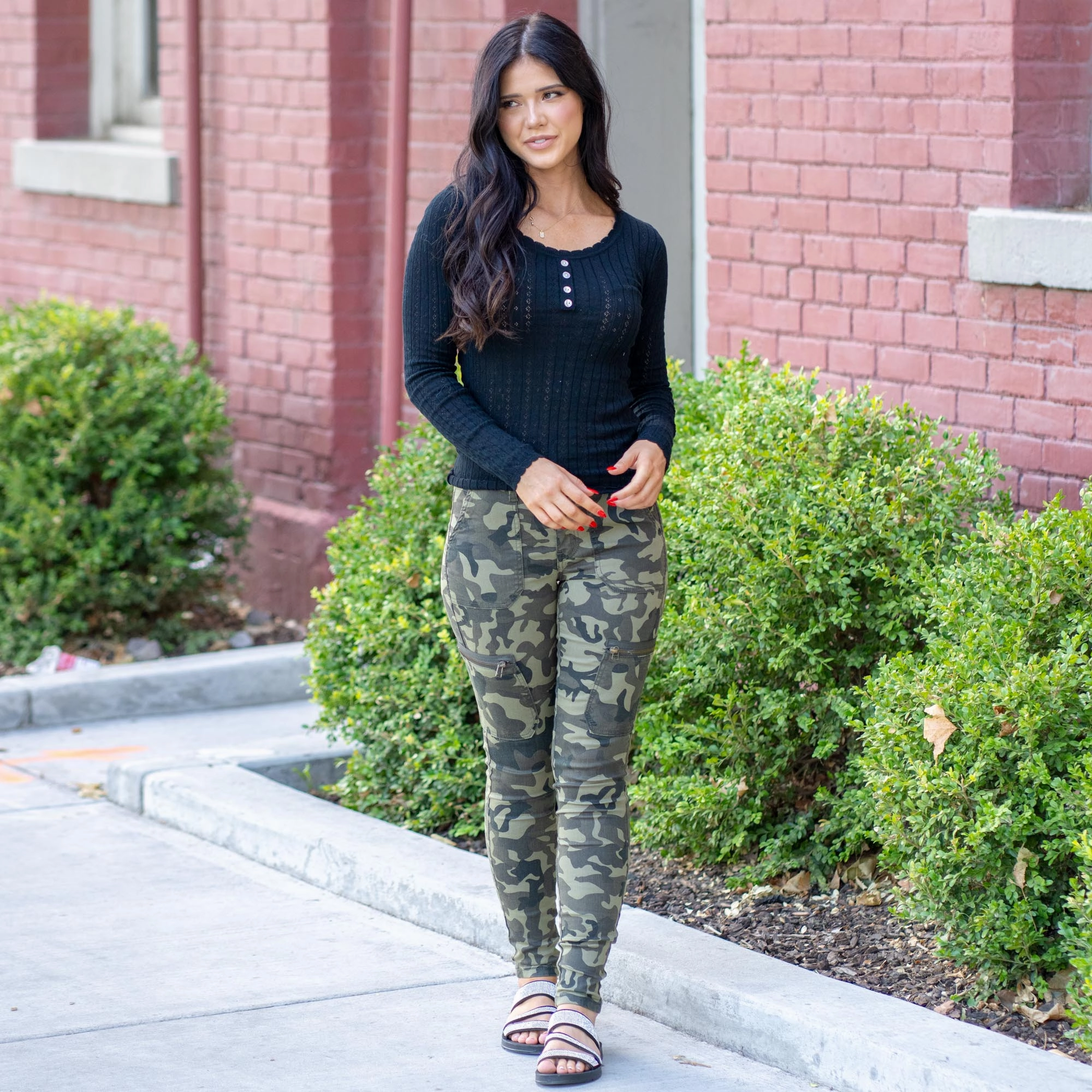 Hem & Thread Eloise Pointelle Knit Henley Sweater Top Black Chilly Day Knit