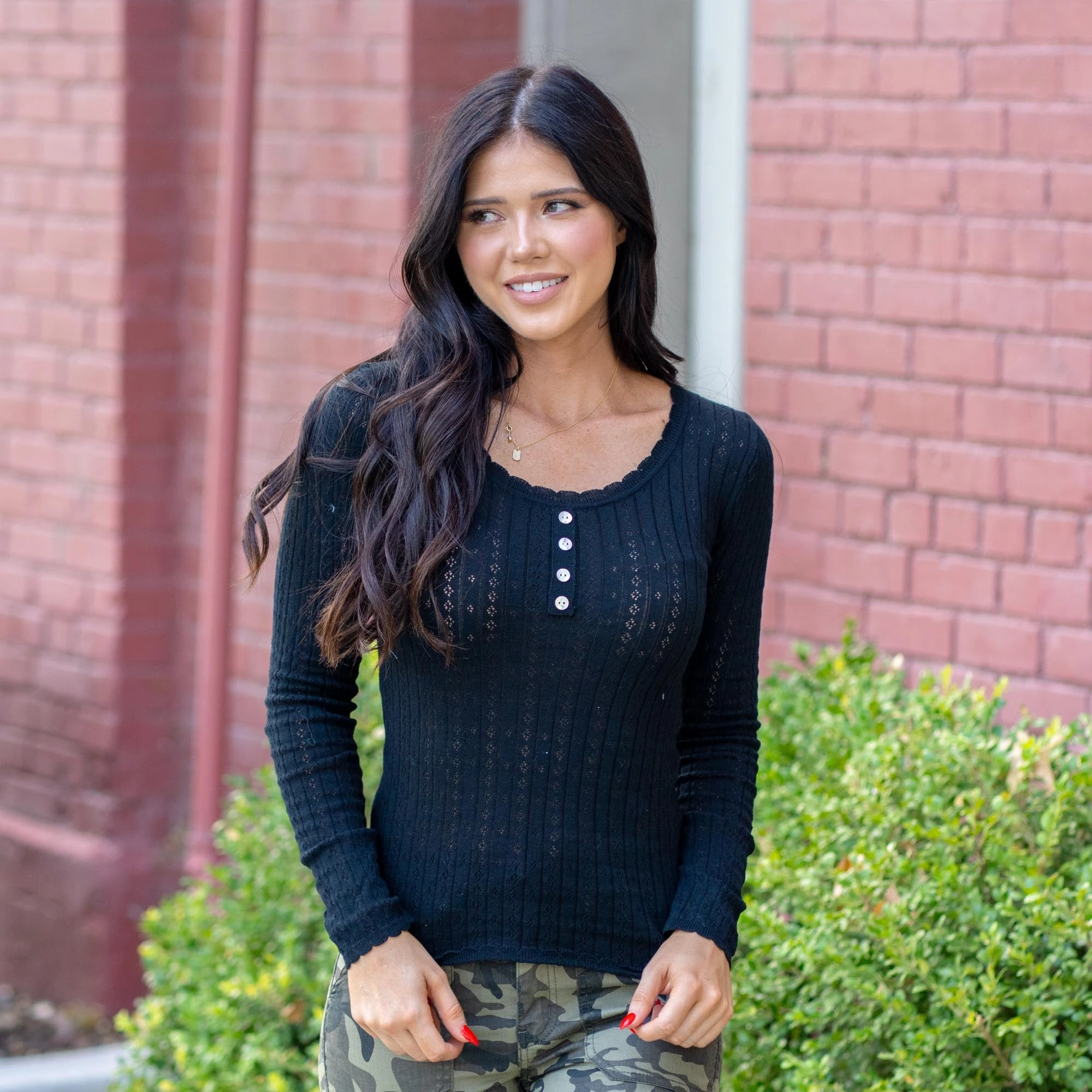 Hem & Thread Eloise Pointelle Knit Henley Sweater Top Black Stretch Comfort Design