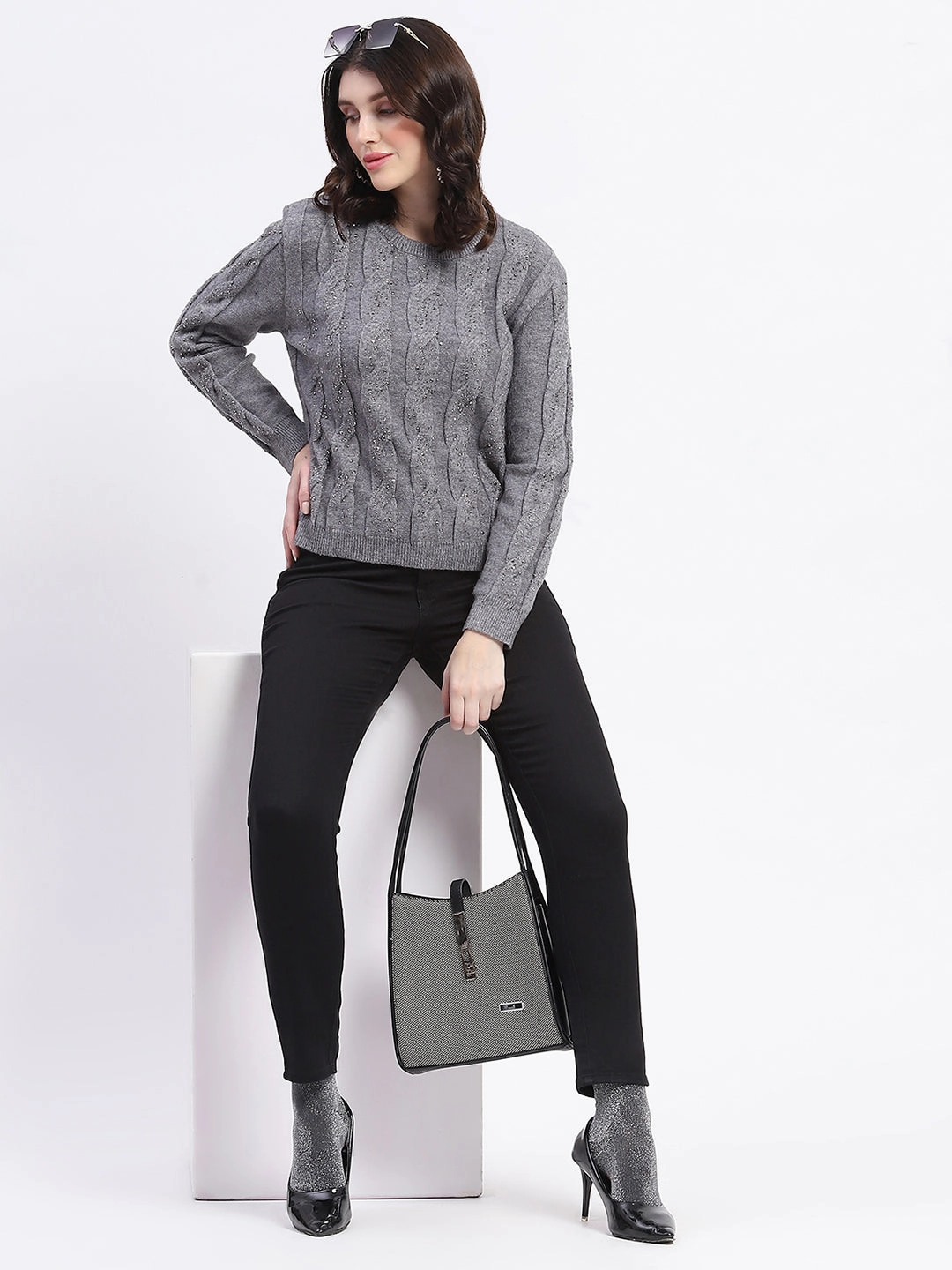 Essential Layering Sophisticated Look Madame Grey Cable Knit Sweater