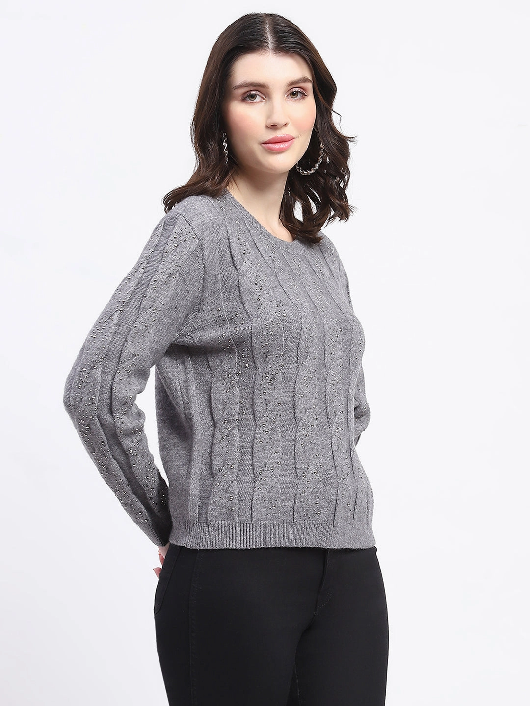 Soft Waistband Madame Grey Cable Knit Sweater