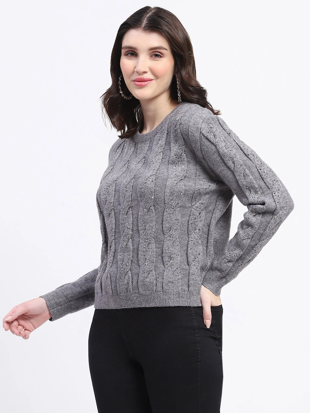 Comfy Movement Madame Grey Cable Knit Sweater