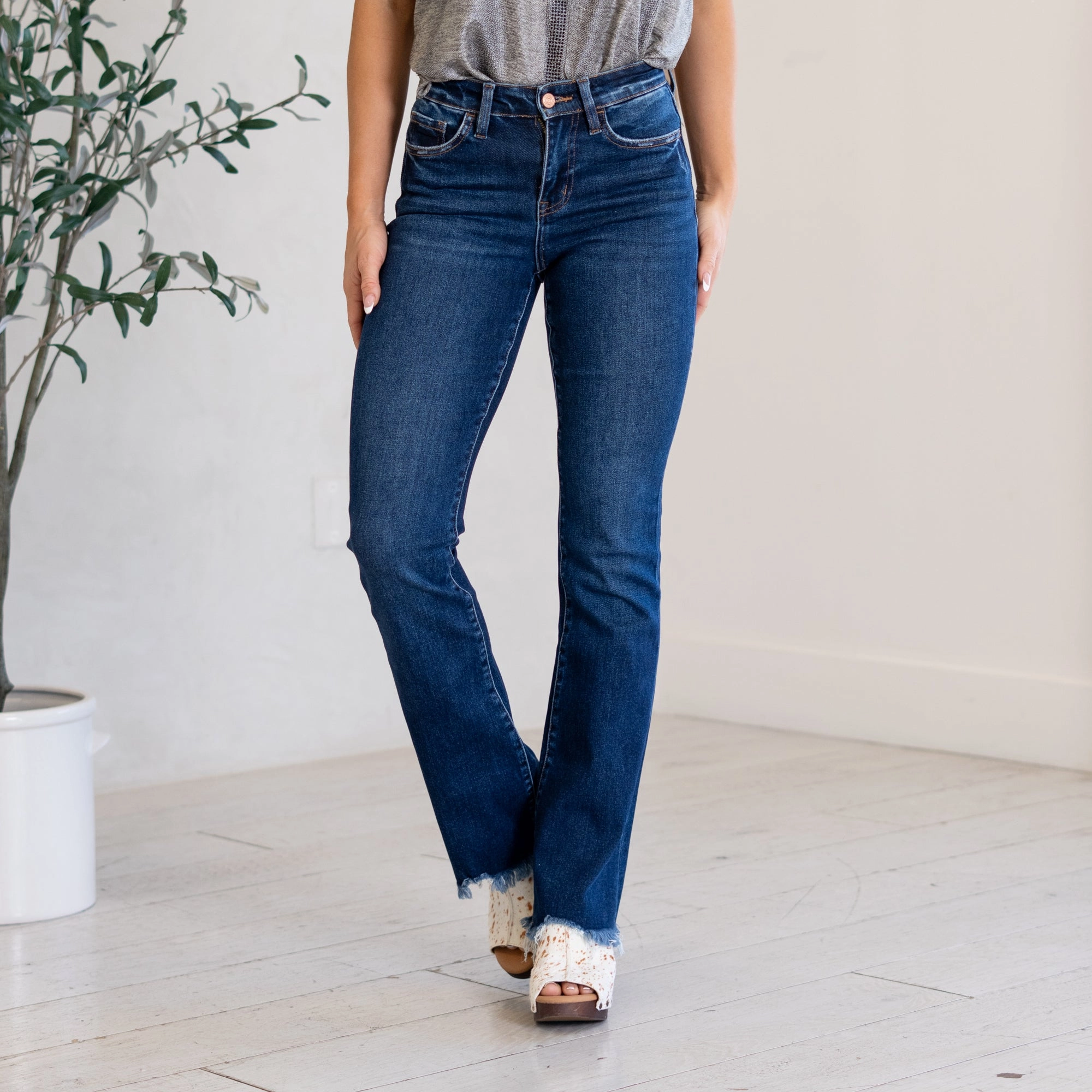 Easy Pairing Eunoia High Rise Frayed Hem Boot Cut Regular & Plus Sizes