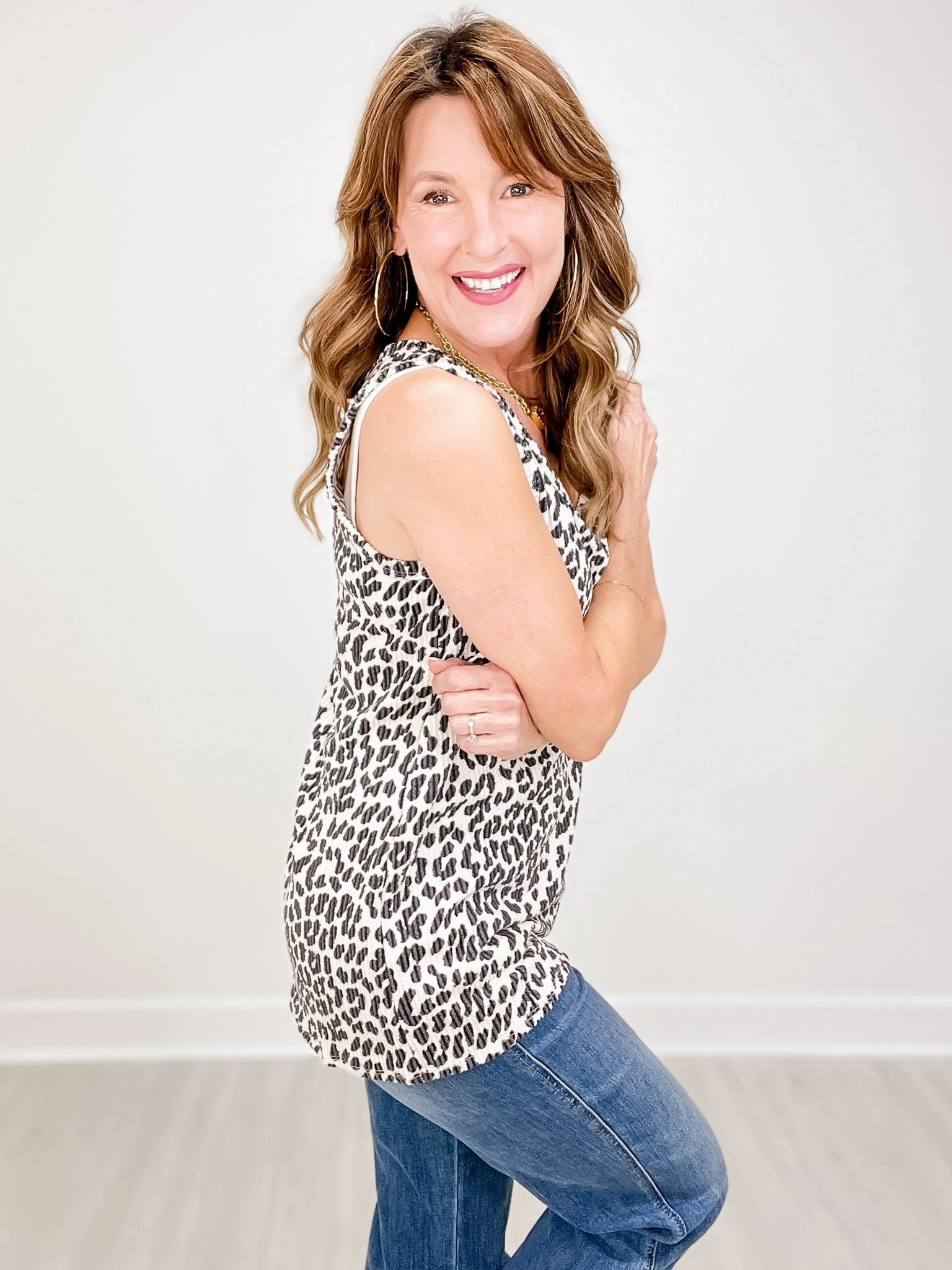 Square Neck Leopard Print Urban Ribbed Tank Top Everyday Look Interlock Knit