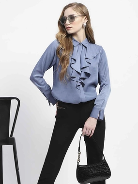 Adjustable Hem Madame Ruffle Collar Solid Blue Shirt