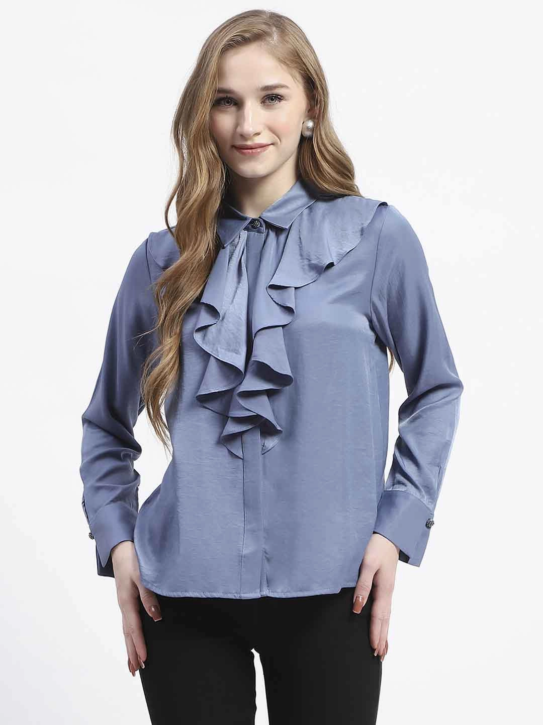 Contemporary Design Breathable mesh Madame Ruffle Collar Solid Blue Shirt