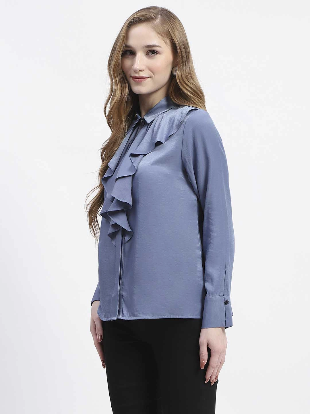 Stretchable Material Madame Ruffle Collar Solid Blue Shirt