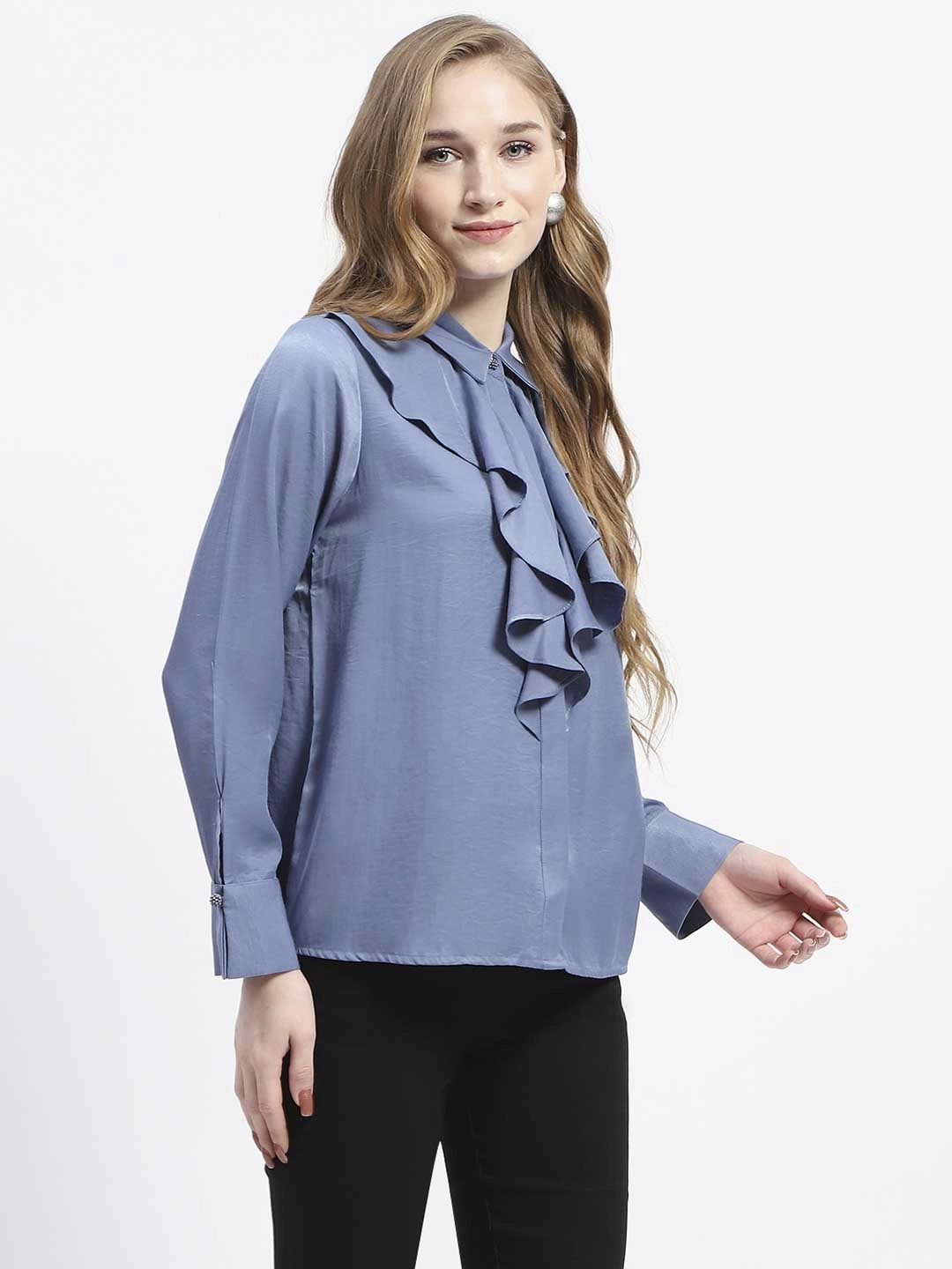 Printed design Seasonal Essential Madame Ruffle Collar Solid Blue Shirt