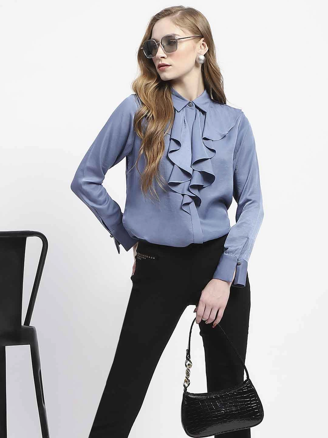 Adjustable Hem Madame Ruffle Collar Solid Blue Shirt