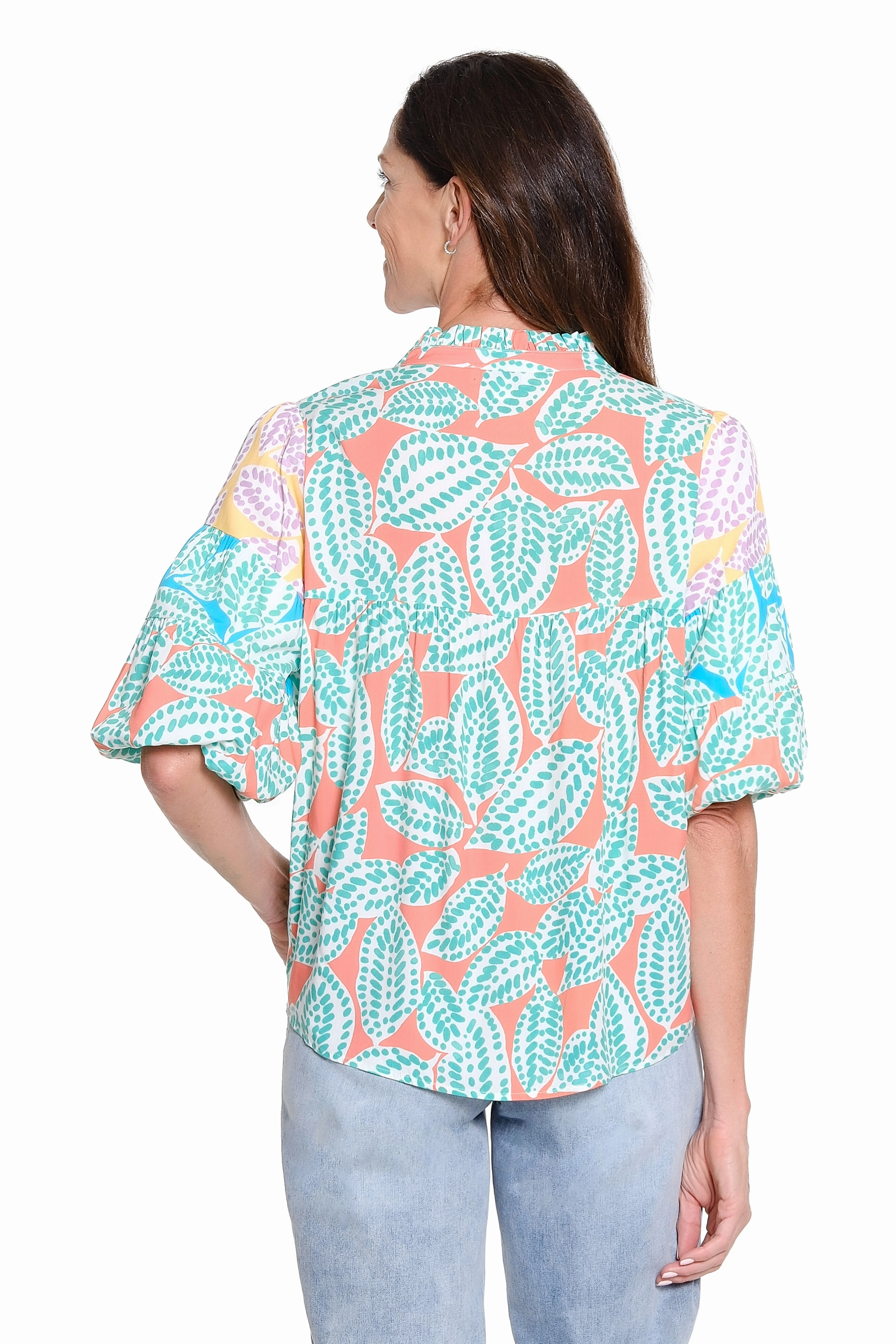 Microfiber texture Mixed Print Tiered Sleeve Top - Multi