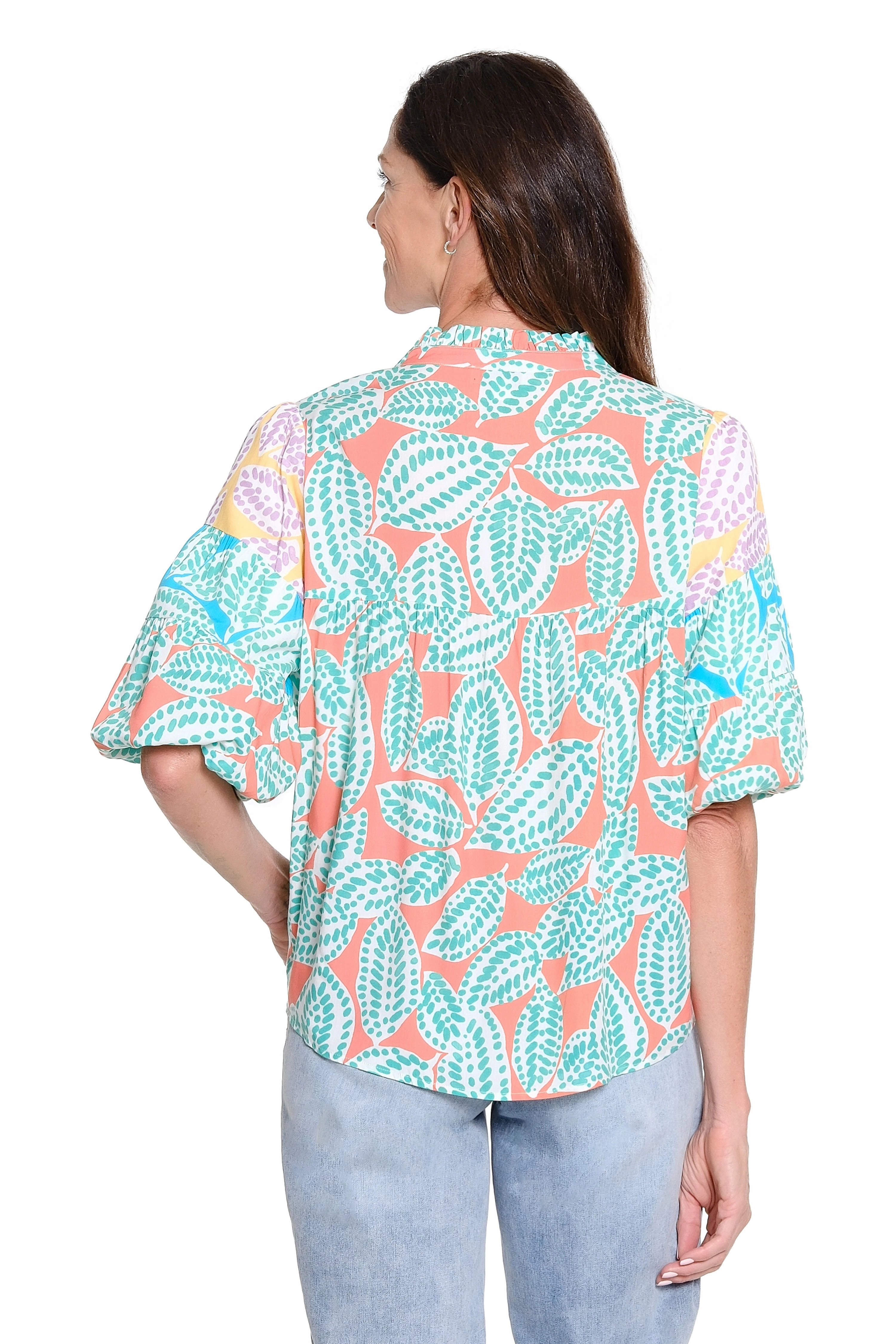 Mixed Print Tiered Sleeve Top - Multi Bonded Hemline HighNeckline