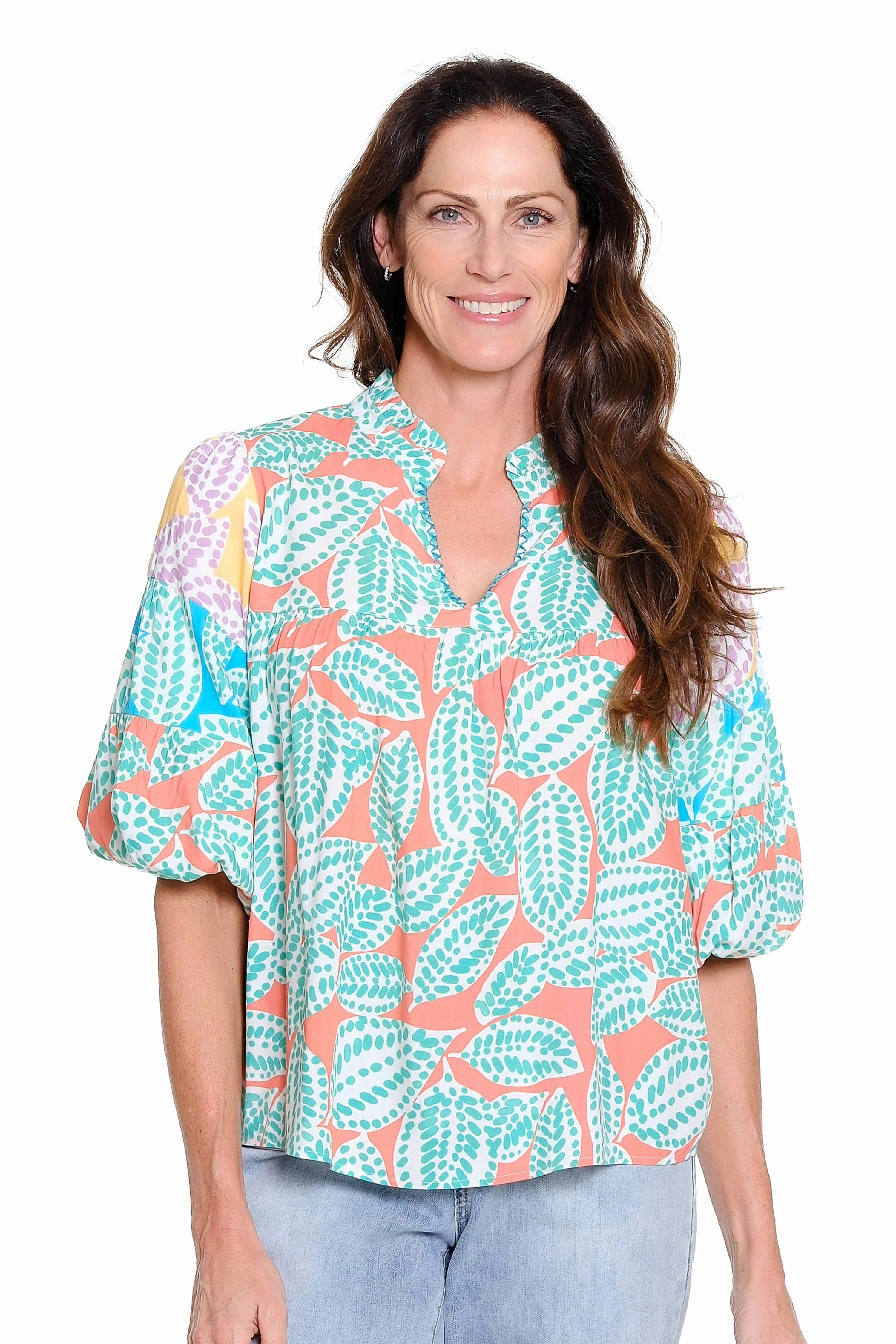 OrganicCottonBlend Stretch Woven Material Mixed Print Tiered Sleeve Top - Multi