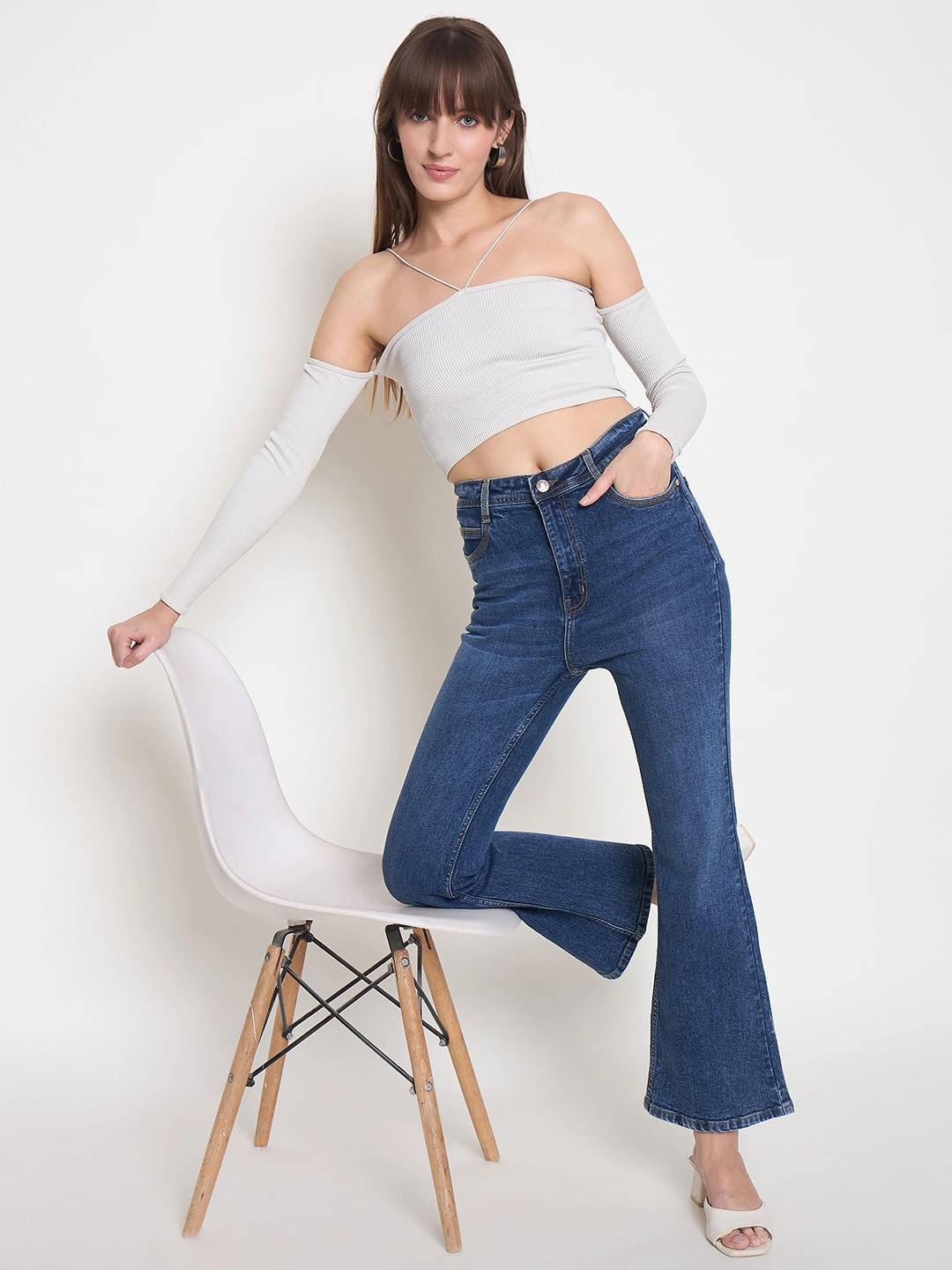 Madame Stone Wash Dark Blue Whiskered Flared Denim Jeans Weekend Getaway Stylish Street Fashion Trend Setter Holiday Vibes