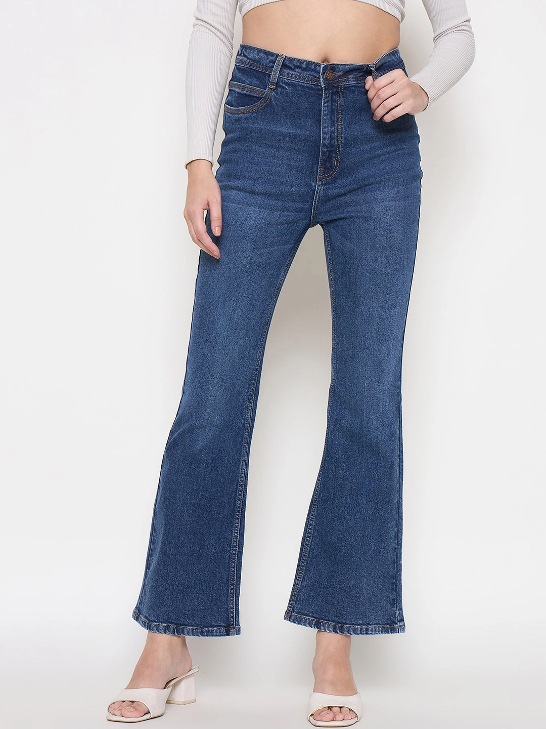 Simple Touch tailored look Madame Stone Wash Dark Blue Whiskered Flared Denim Jeans