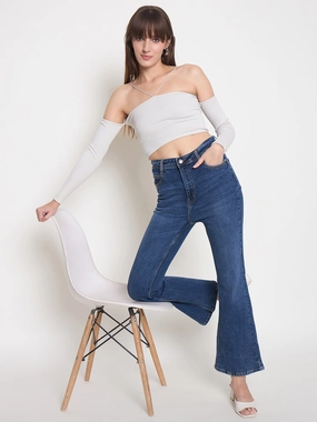 Madame Stone Wash Dark Blue Whiskered Flared Denim Jeans Weekend Getaway Stylish Street Fashion Trend Setter Holiday Vibes