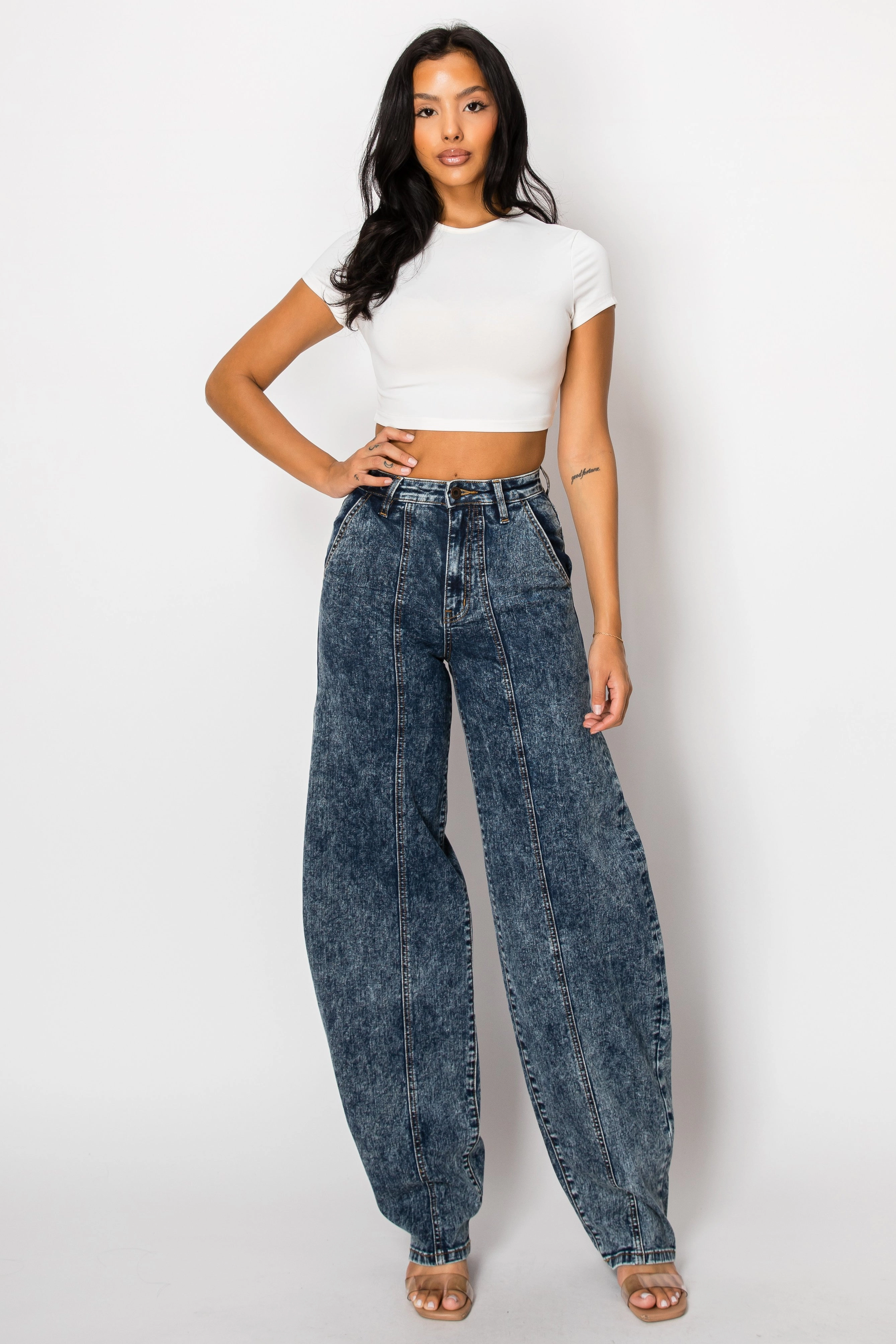 Wardrobe Fit Weekend Warrior Earthy 40812 Mid Rise Acid Washed Barrel Shaped Jeans W/ Front & Rear Seams