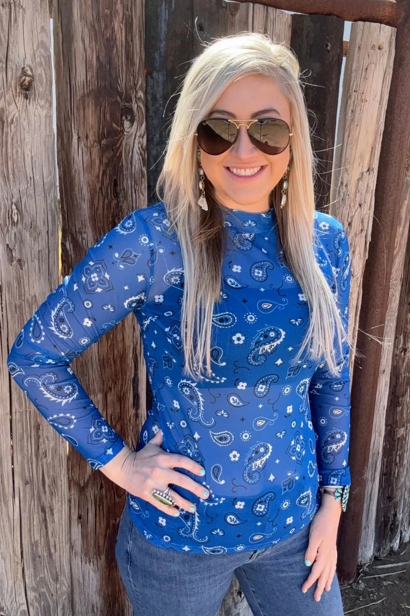 Contrast Stitch Accent Sterling Kreek Bandana Babe Blue Mesh Top