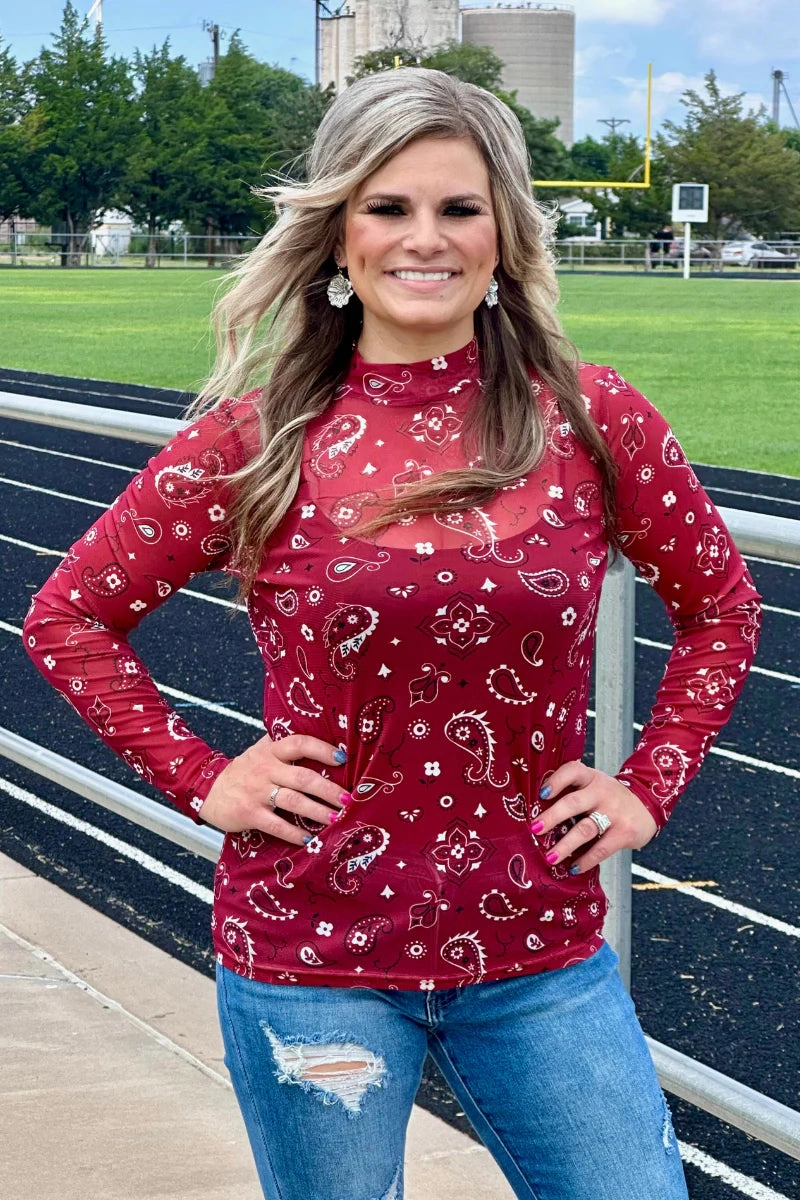 Textured Weave Pattern Bluesign Approved Material Sterling Kreek Bandana Babe Maroon Mesh Top