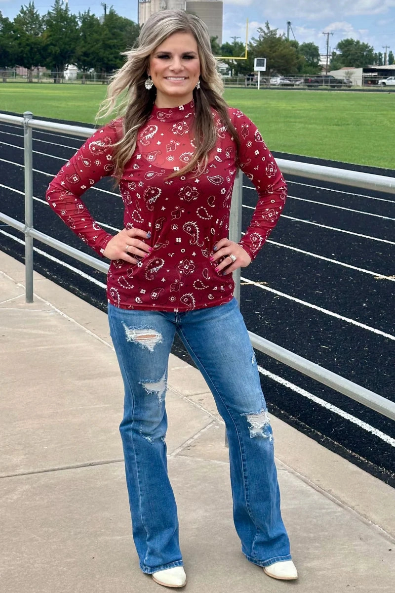 Ribbed Knit Fabric Sterling Kreek Bandana Babe Maroon Mesh Top