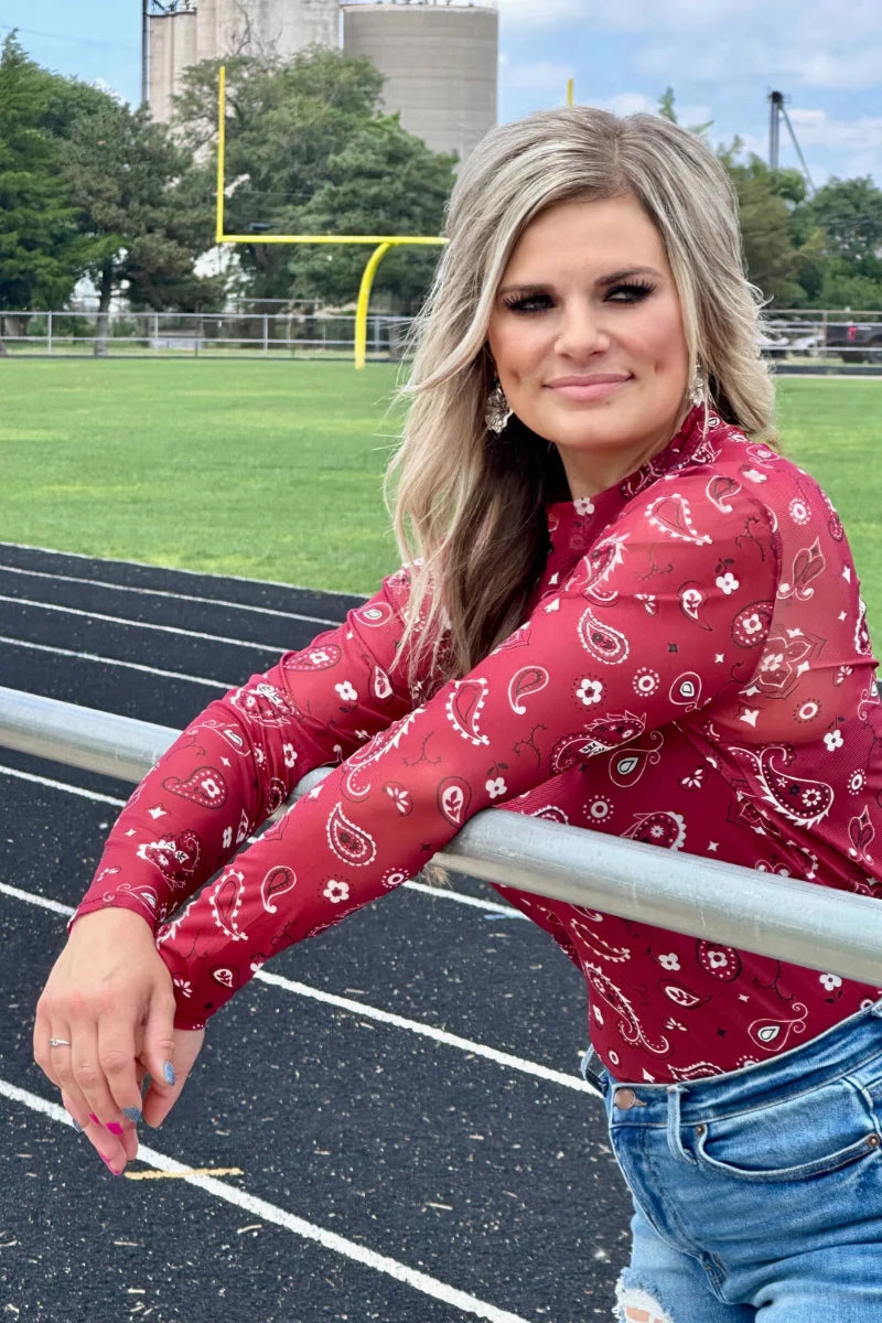 Sterling Kreek Bandana Babe Maroon Mesh Top DoubleLayeredCollar Cozy Sweater