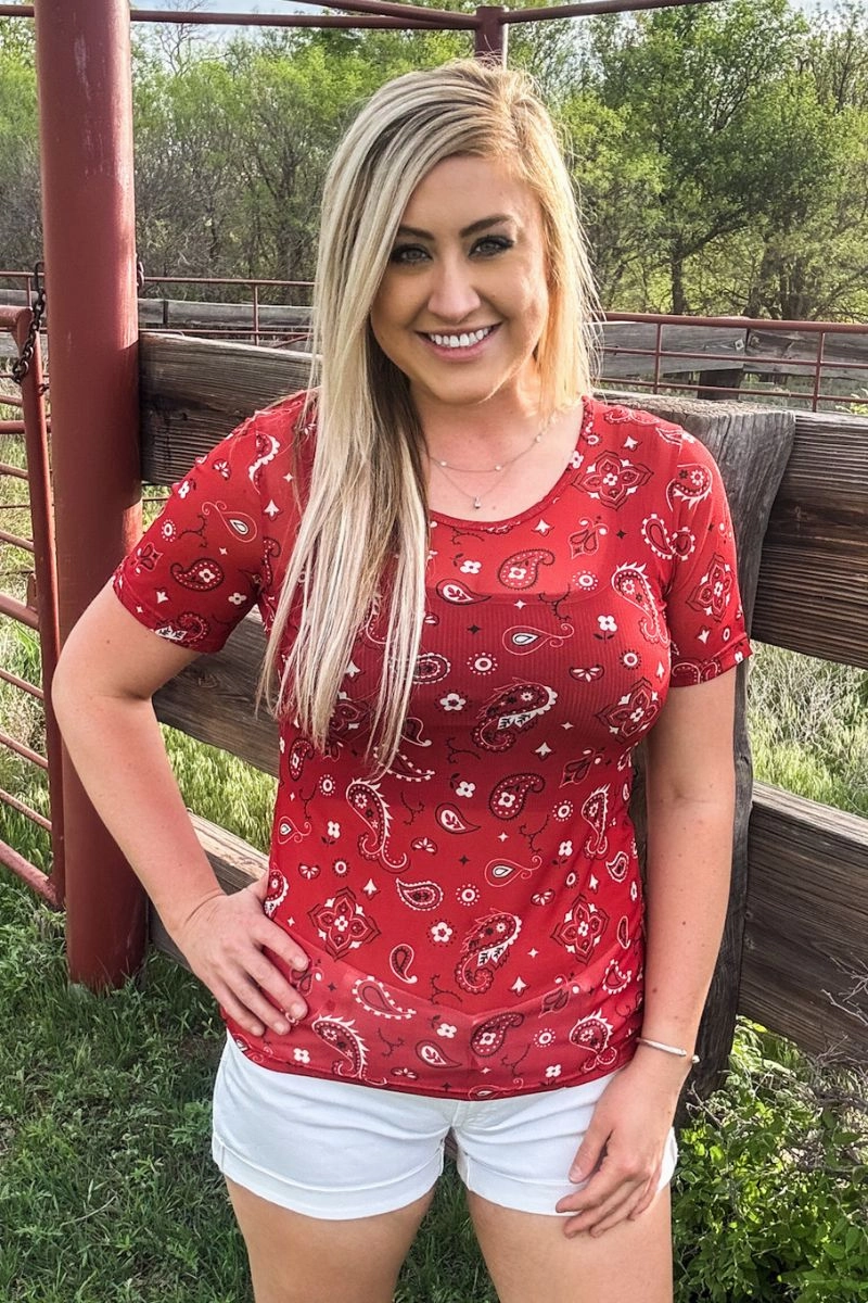 ElasticTrimming Tagless Collar Sterling Kreek Bandana Babe Short Sleeve Mesh Top