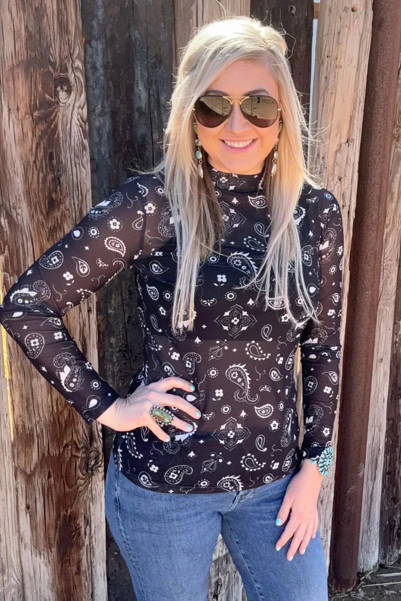 Sterling Kreek Black Bandana Babe Mesh Top Multi Panel Construction