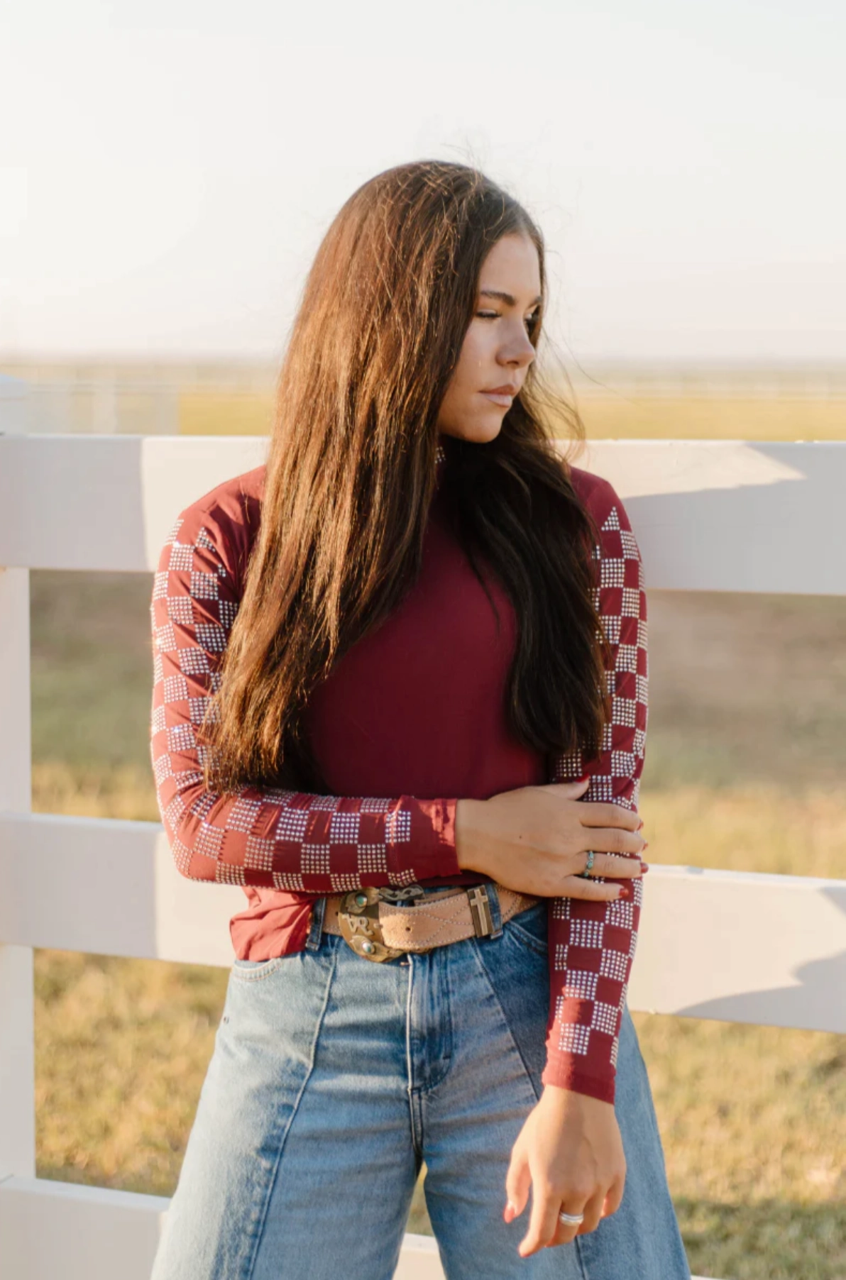 EcoCertified Textile Friction Resistant Shoulder Sterling Kreek Checked In Maroon Mesh Top