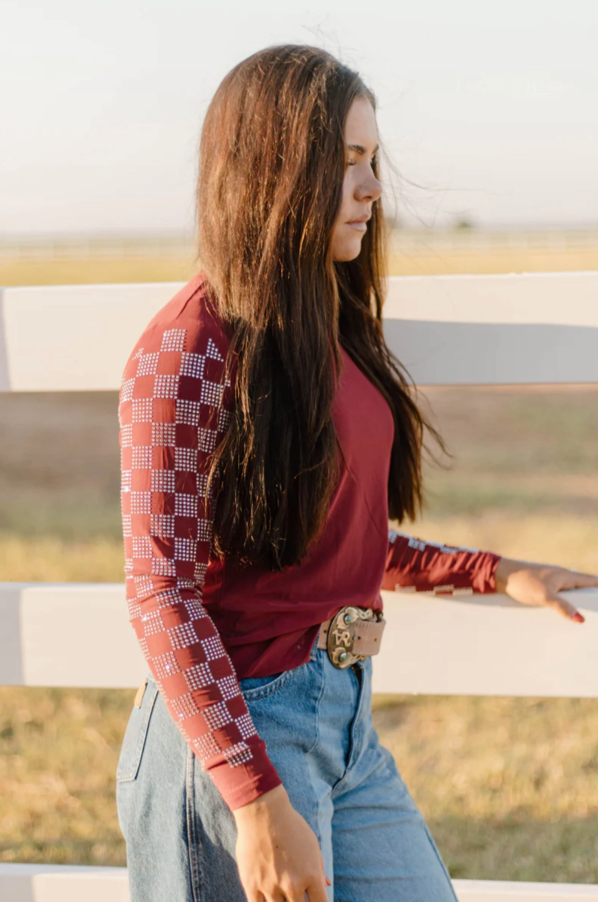 Durable Fiber Blend Sterling Kreek Checked In Maroon Mesh Top