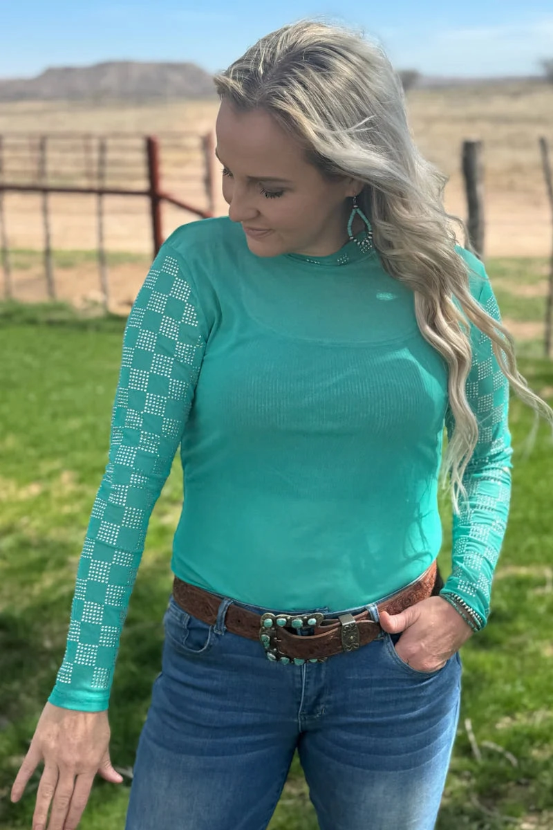 Sterling Kreek Checked In Turquoise Mesh Top Structured Shoulder