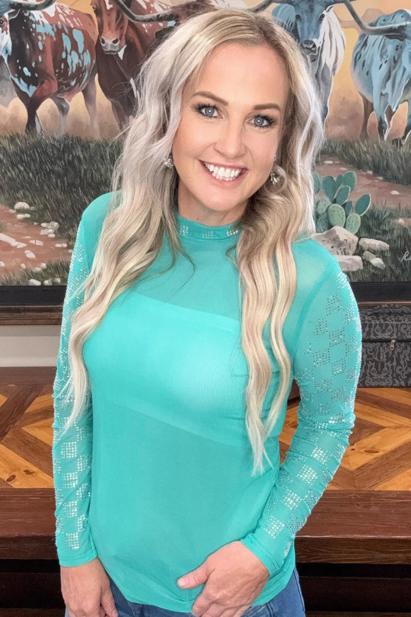 Sustainable Material Blend AntiStaticFabric Sterling Kreek Checked In Turquoise Mesh Top