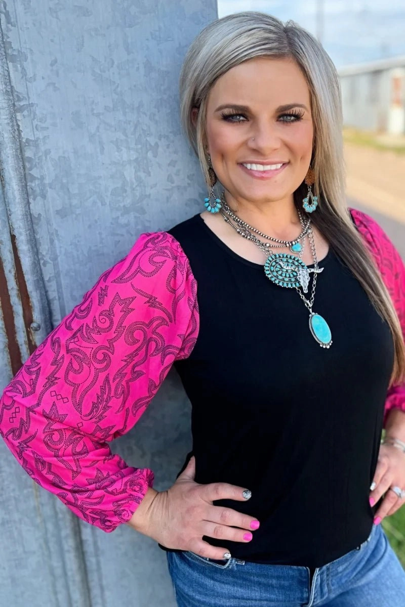 Sterling Kreek Cowgirls Like Us Bubble Sleeve Top Loose Sweater