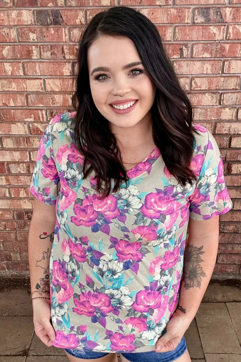 Sterling Kreek Life Is A Flower V Neck Tee Ribbed collar Contoured Armhole Design