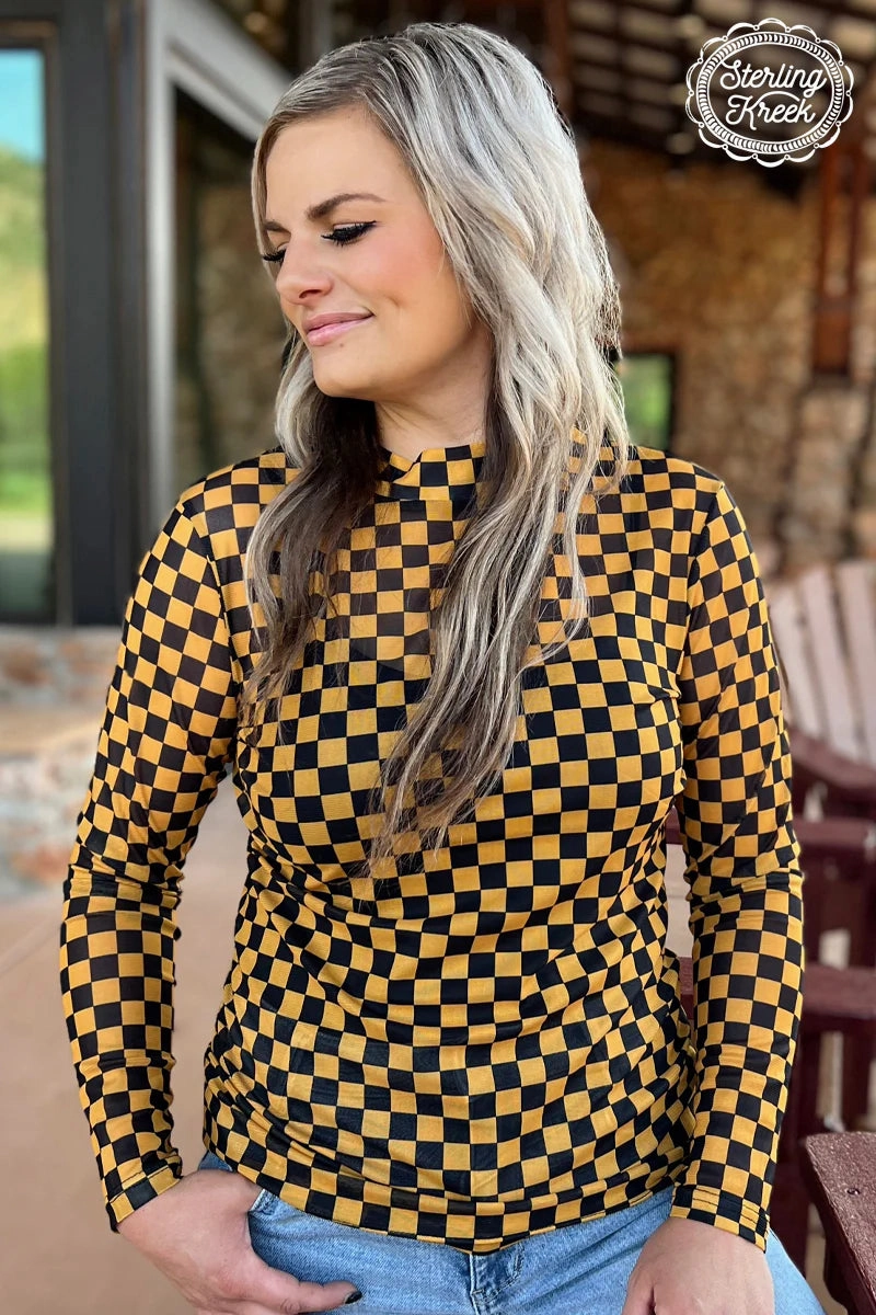 Reflective Trim Details FlexibleNeckline Sterling Kreek Pep Rally Black & Gold Mesh Top