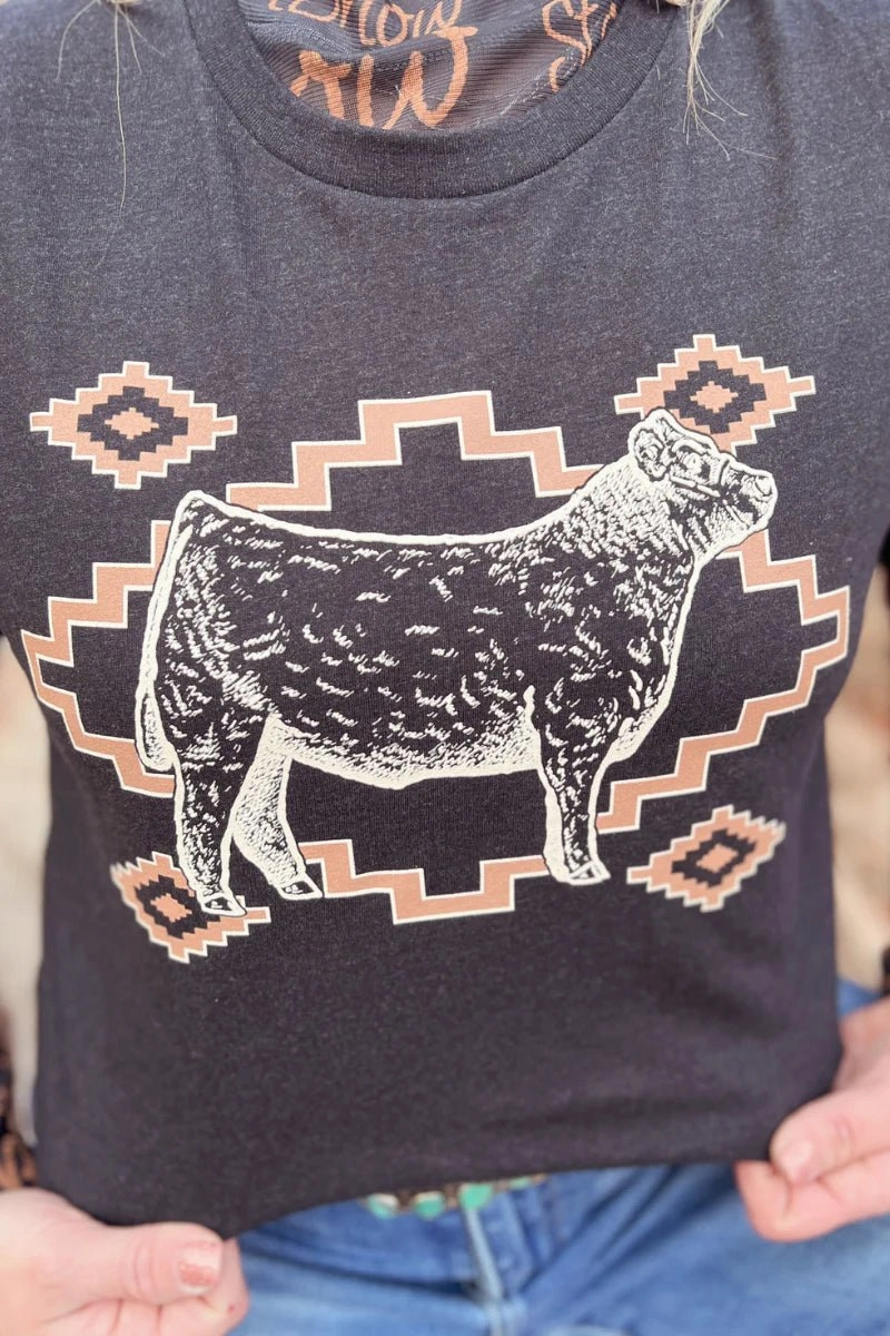 Sterling Kreek Show Me Your Steer Tee SelfFabric Binding Printed Blouse