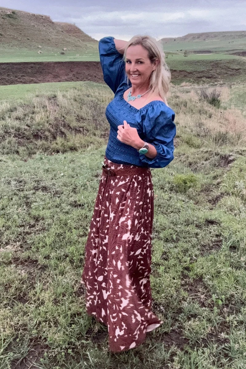 Chilly Weather Comfort Sterling Kreek Tooled In Paradise Maxi Skirt