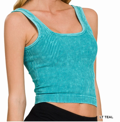 Stone Washed Ribbed Square Neck Tank Top with Bra Pads - GROUP B Overlock Edging