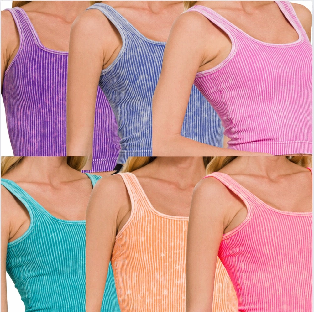 Stone Washed Ribbed Square Neck Tank Top with Bra Pads - GROUP B Lightweight Layering Option