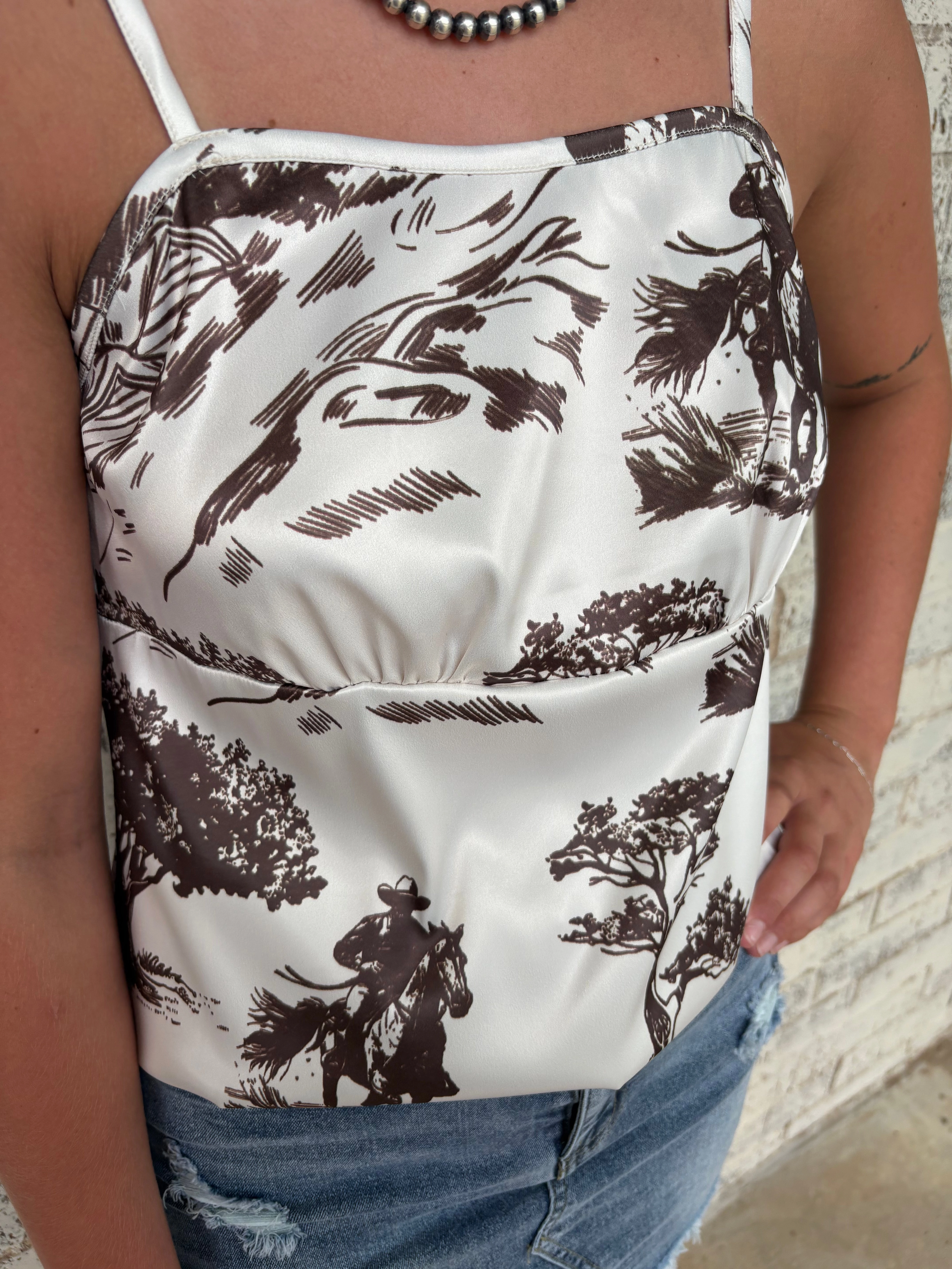 Stranded Cowboy Printed Satin Spaghetti Strap Top PuckerFree Surface Flexible Material