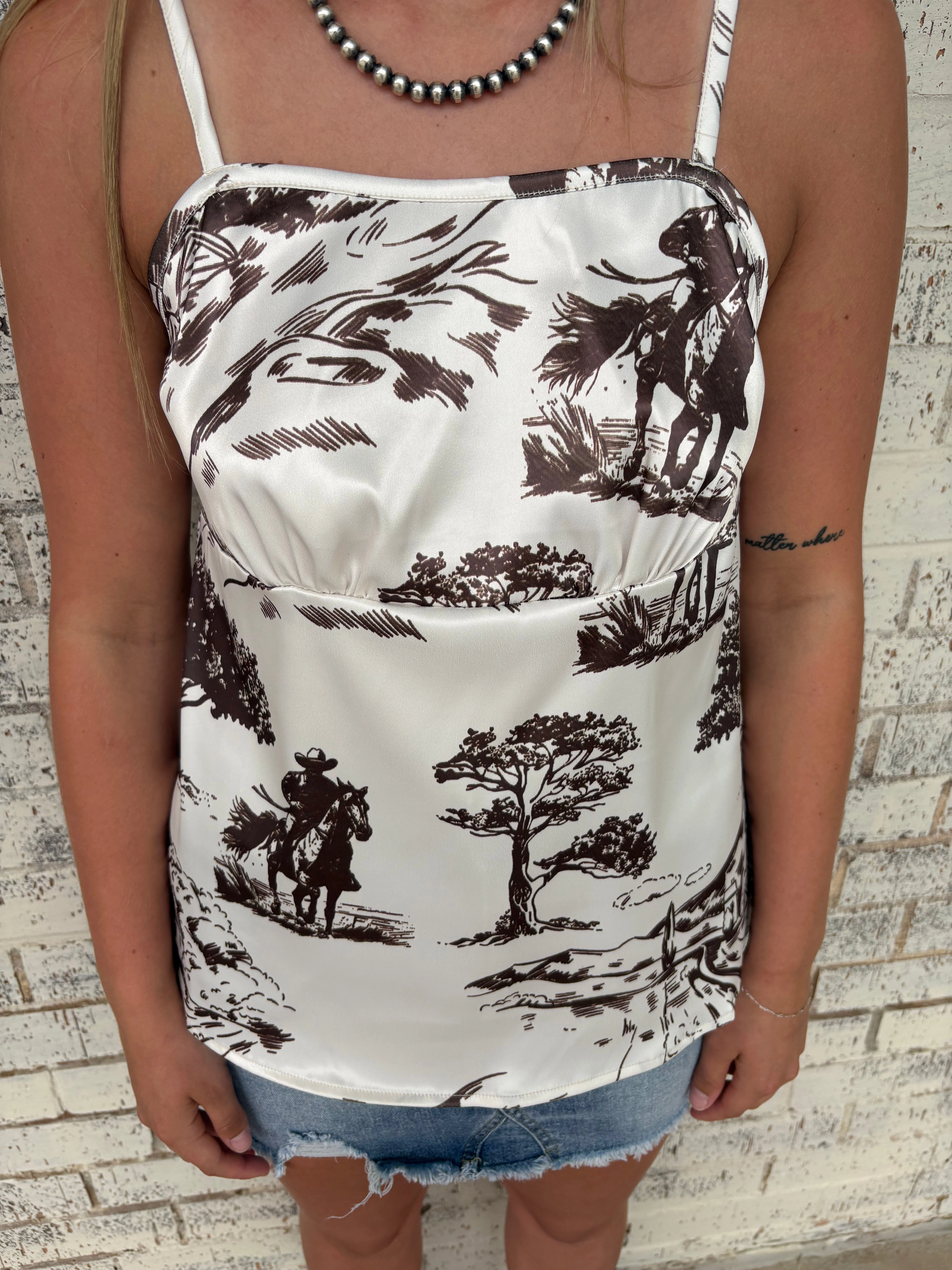 Stranded Cowboy Printed Satin Spaghetti Strap Top Soft Brushed Lining Tunic top