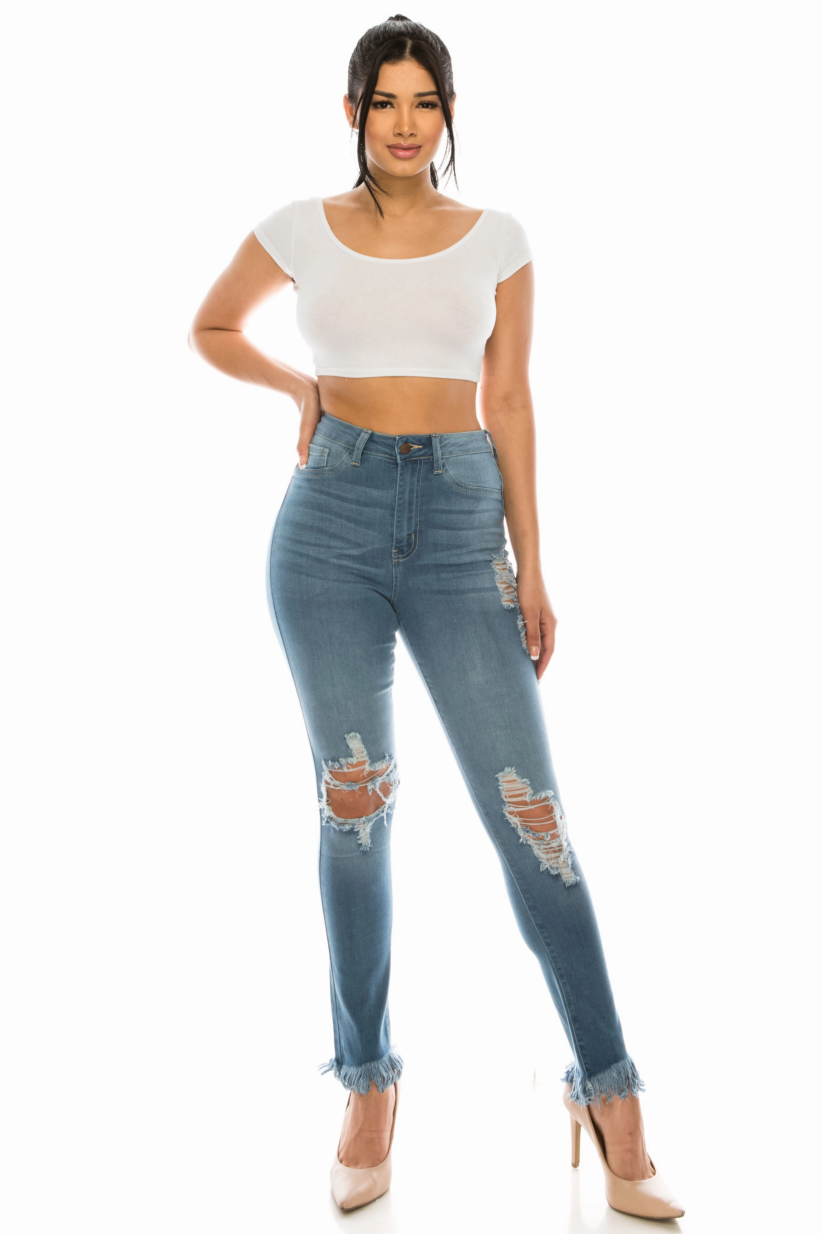 Casual Look Universal Fit Design 4521 Women's High Waisted Distressed Frayed Skinny Jeans with Whiskers