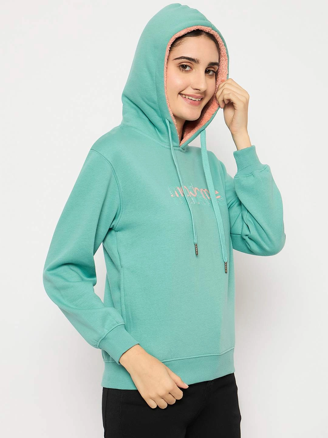 Cold-Weather Wear Madame Branding Print And Handwork Seafoam Hooded Sweatshirt
