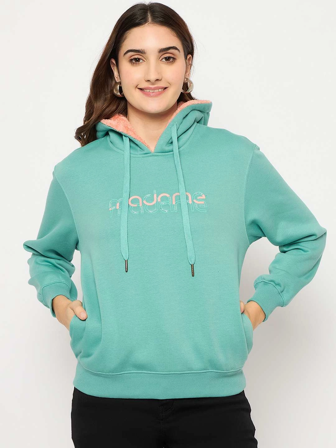 Madame Branding Print And Handwork Seafoam Hooded Sweatshirt Trendy Top Everyday Look