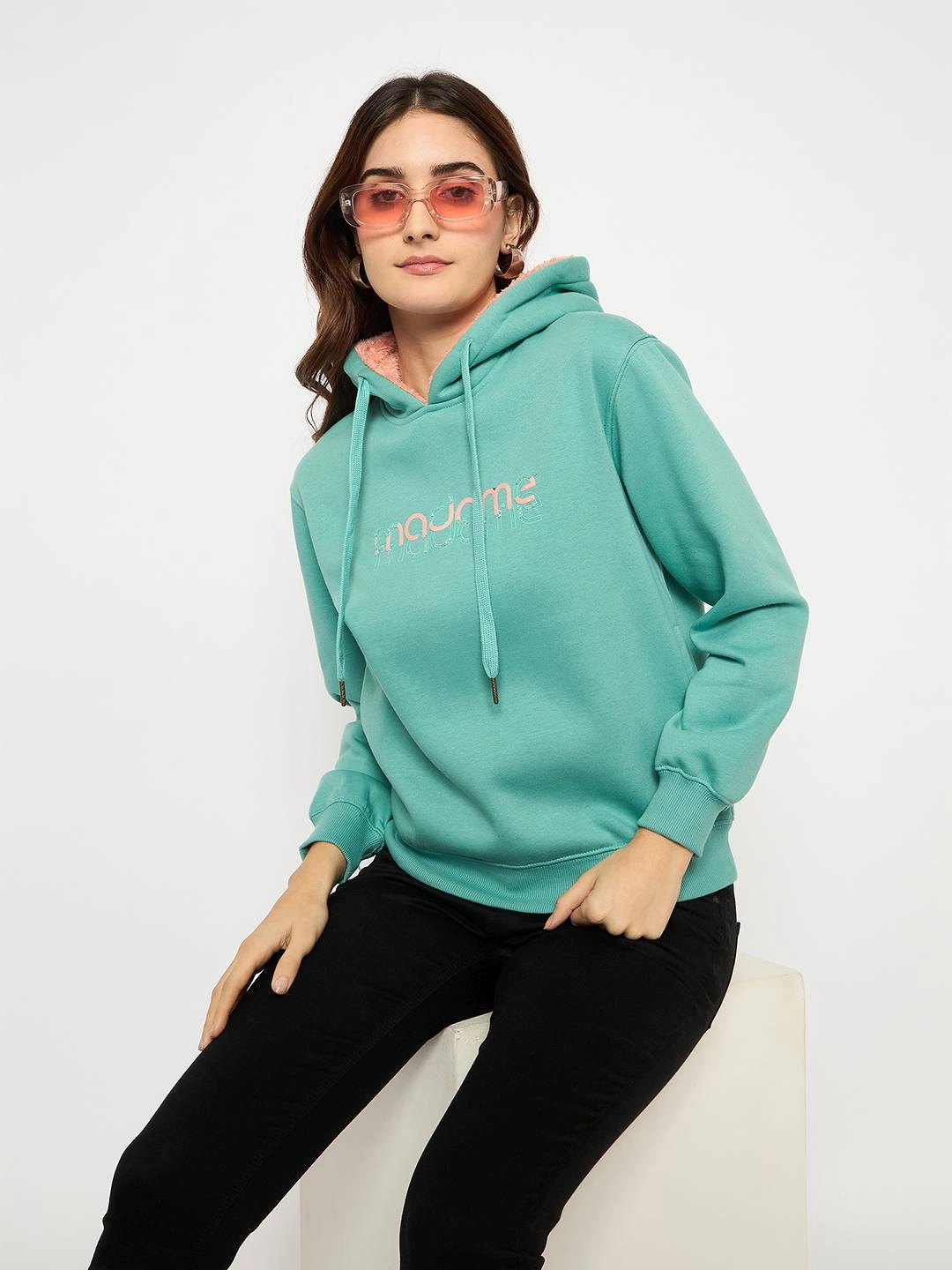 Street Ready Breathable fabric Madame Branding Print And Handwork Seafoam Hooded Sweatshirt