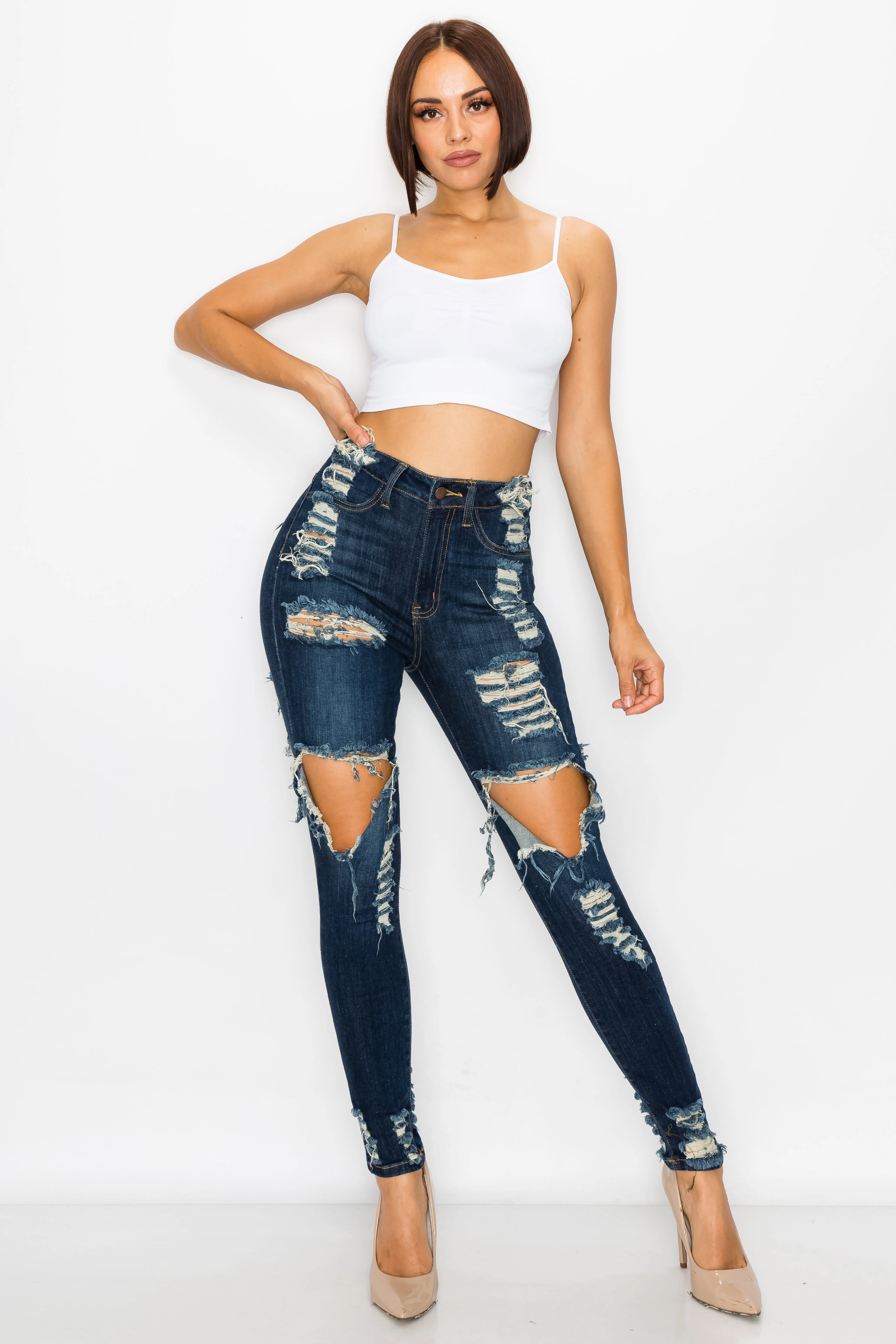 Light Washed Basic Style 4900 Women High Waist Skinny Stretch Ripped Jeans Destroyed Denim Pants