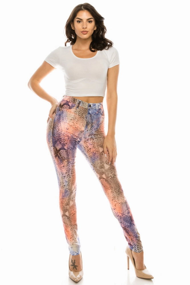 Youth Style Road Trip Outdoor Enthusiast Style Essential 4775 Women's Super High Waisted Snake Printed Skinny Jeans