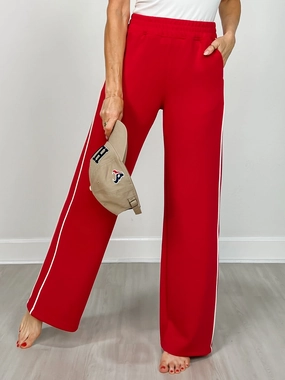 Modal Scuba Stripe Piping Straight Pant in True Red Cream Formal Look Cozy and Relaxed