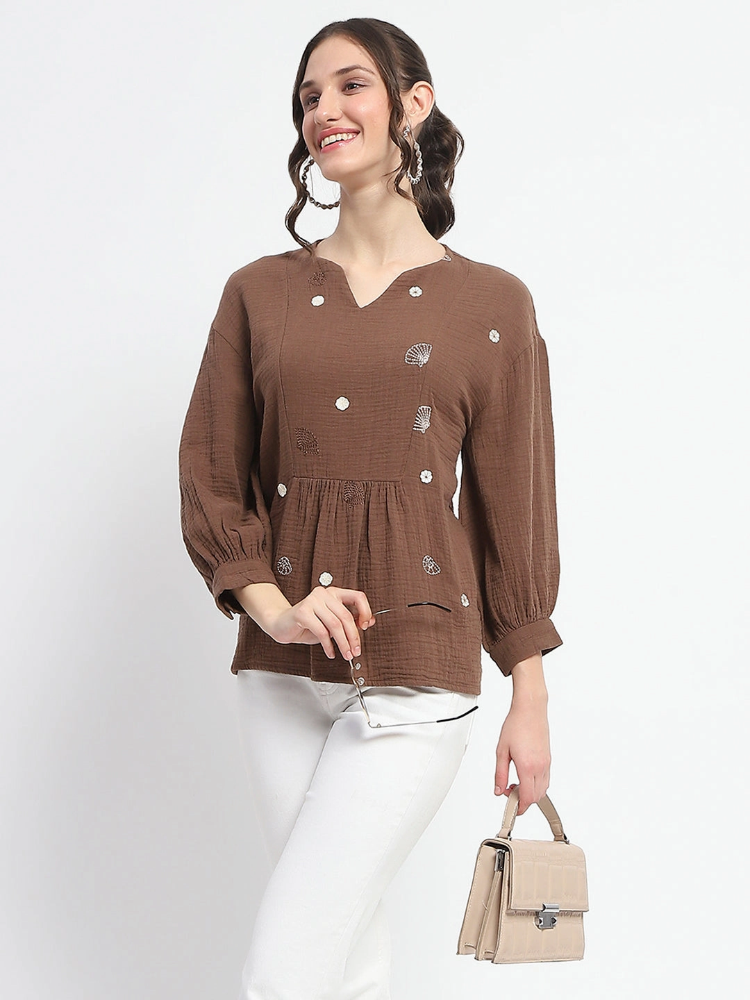 Cozy Sweatshirt Madame Solid Chocolate Brown Embroidery Detailed Cotton Top