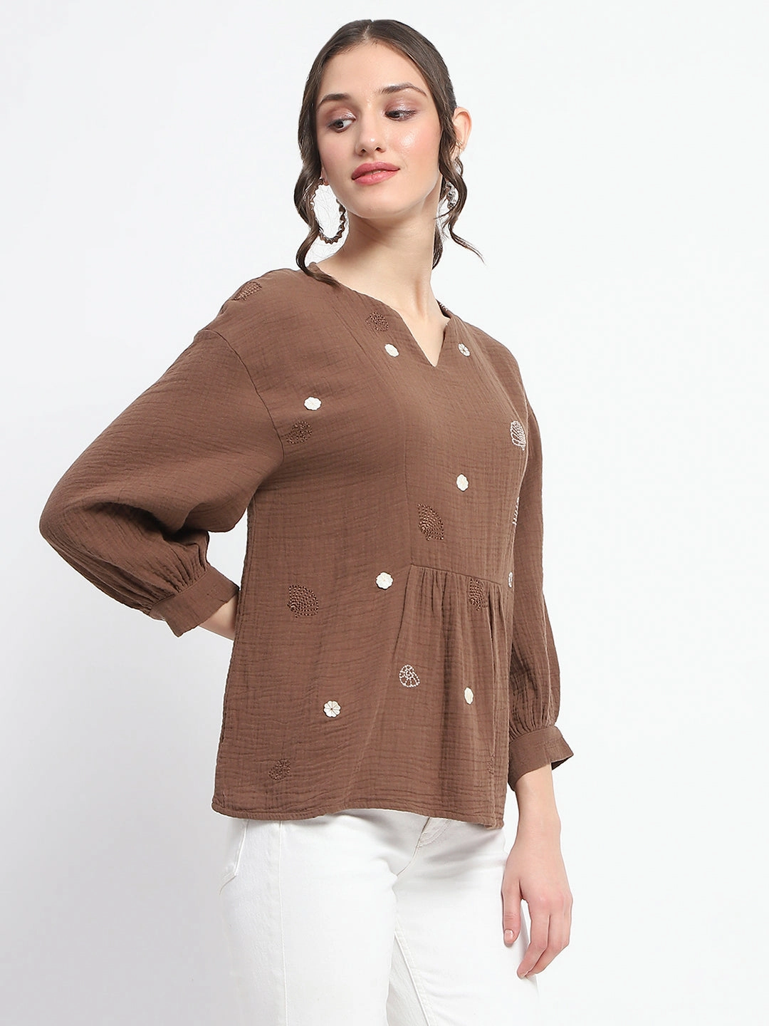 Madame Solid Chocolate Brown Embroidery Detailed Cotton Top Slim Fit Design Breathable fabric